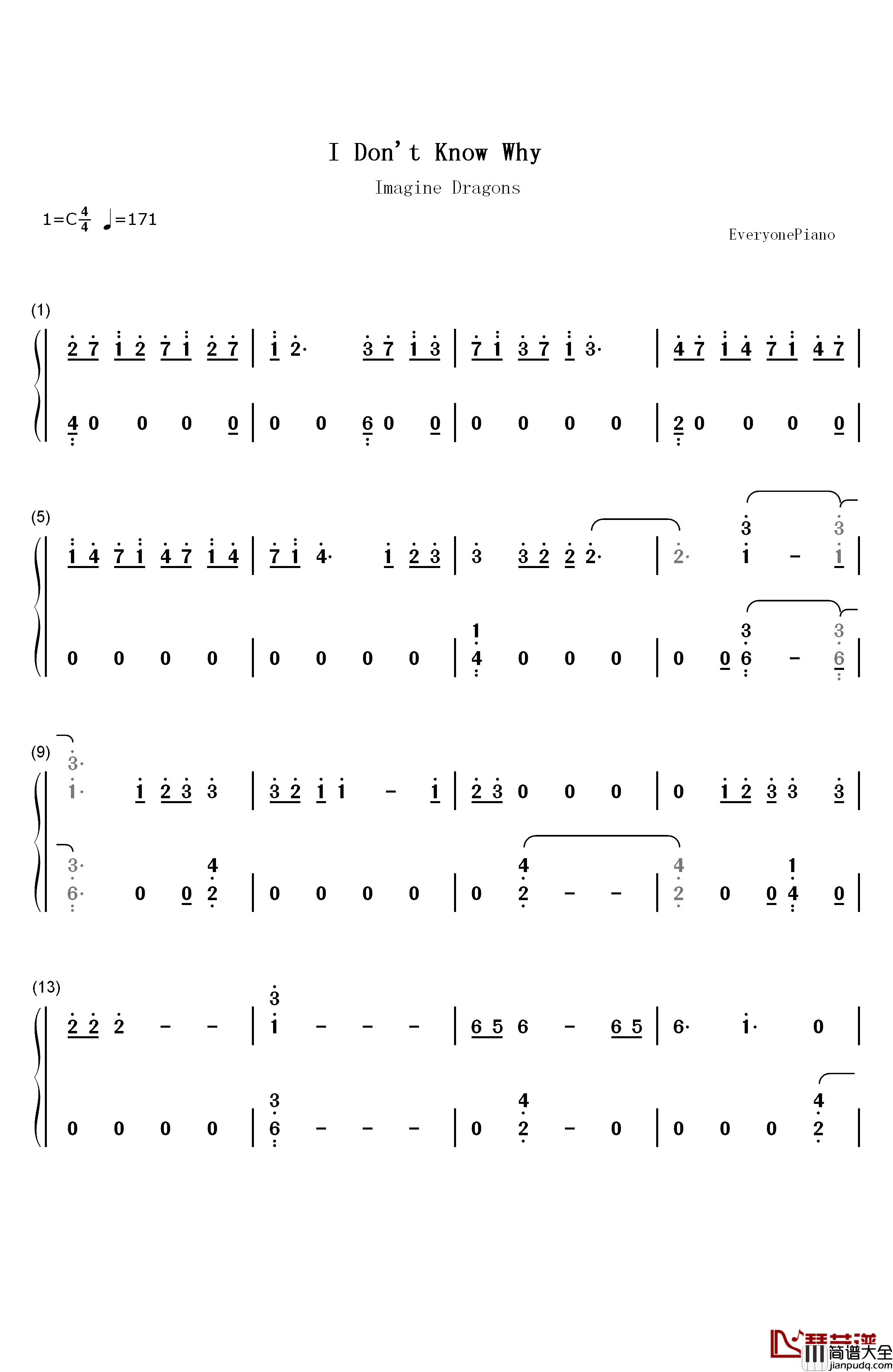 I_Don't_Know_Why钢琴简谱_数字双手_Imagine_Dragons