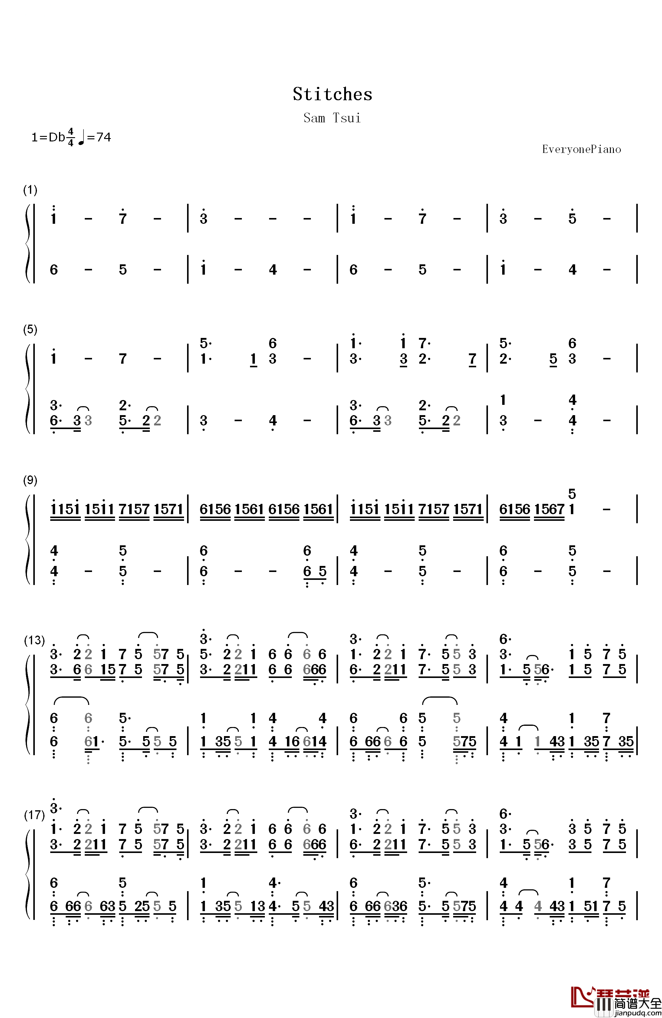 Stitches钢琴简谱_数字双手_Sam_Tsui