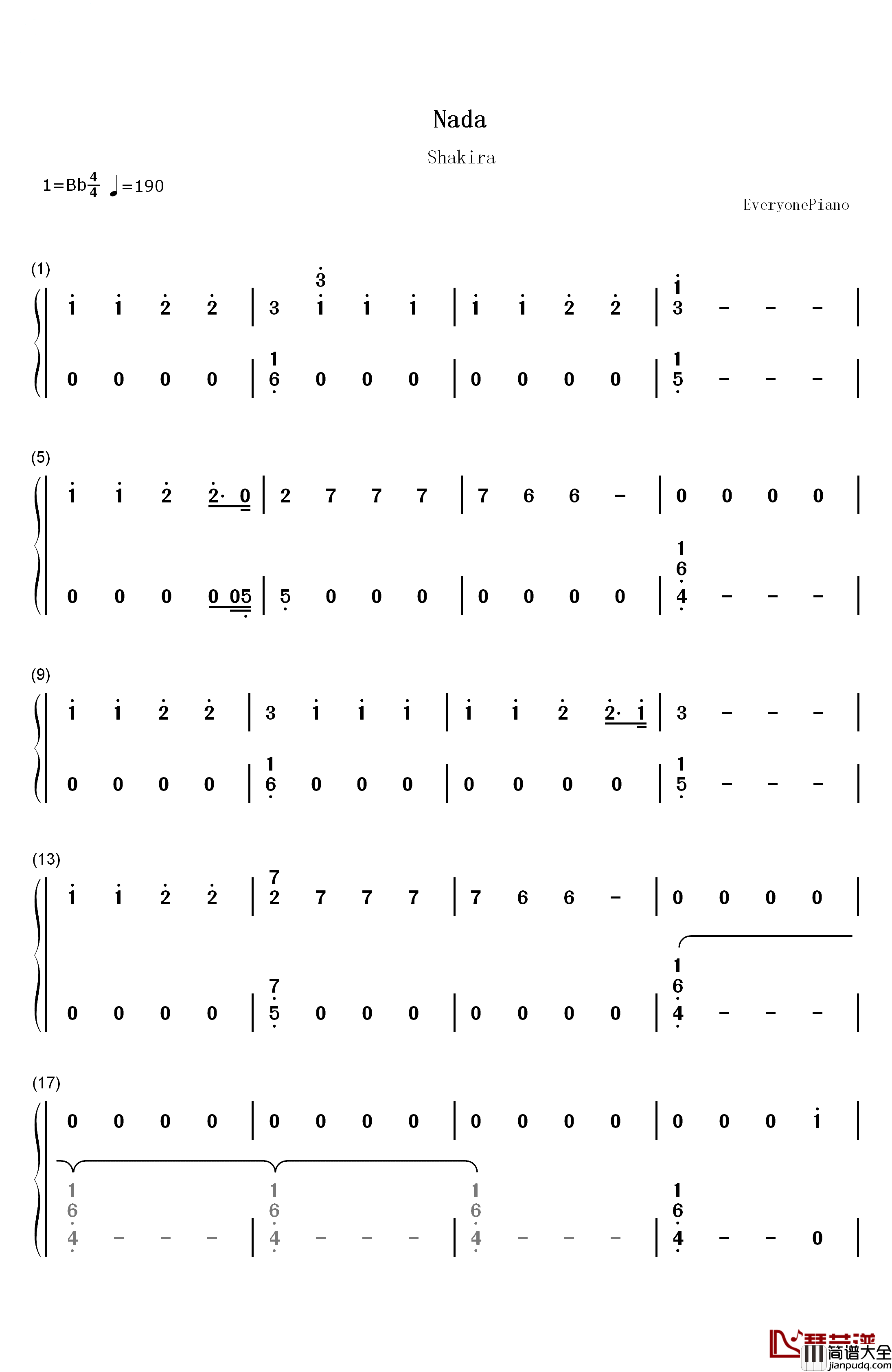 Nada钢琴简谱_数字双手_Shakira