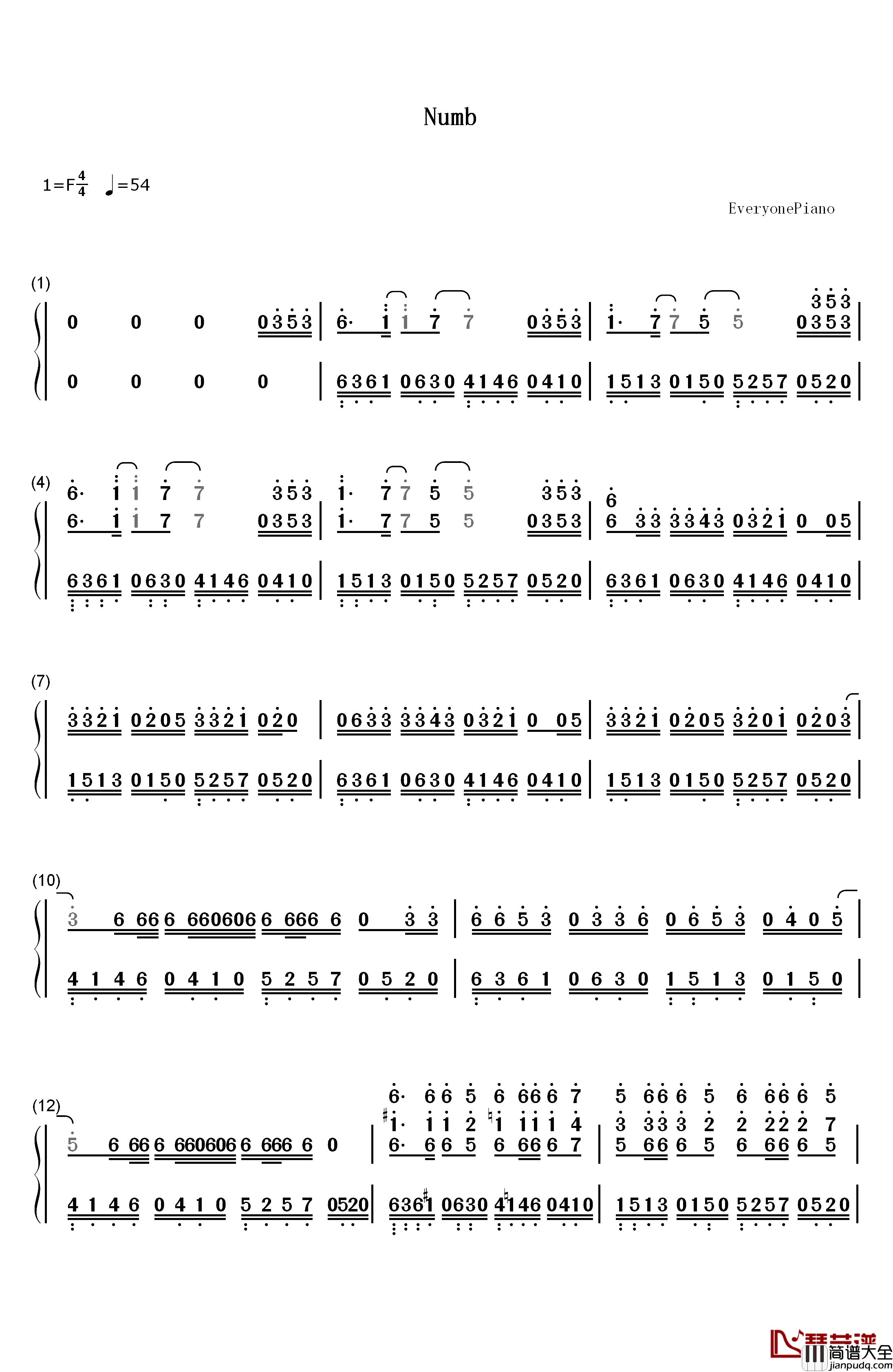 Numb钢琴简谱_数字双手_Linkin_Park_林肯公园