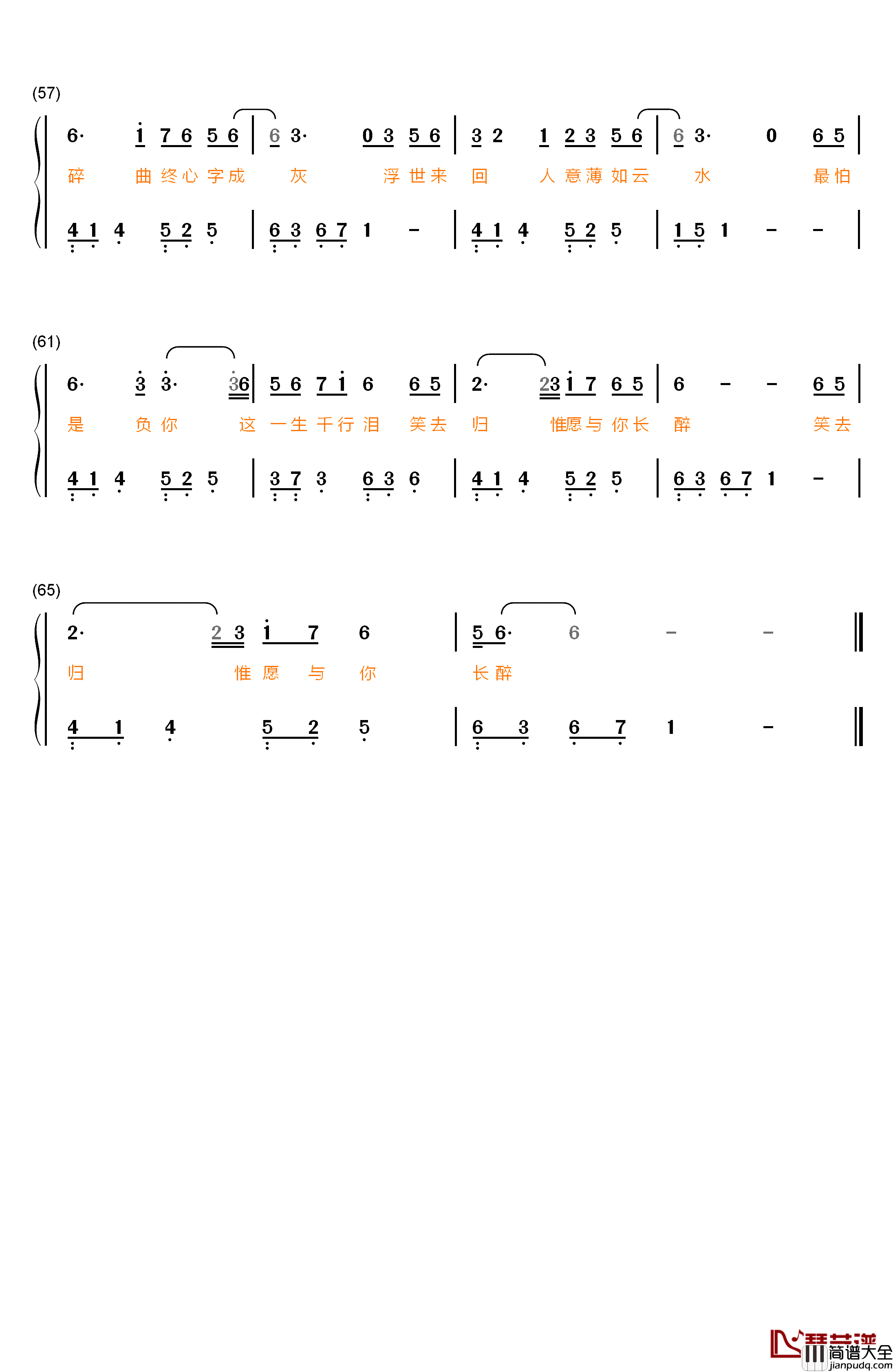 不如笑归去钢琴简谱_数字双手_周传雄