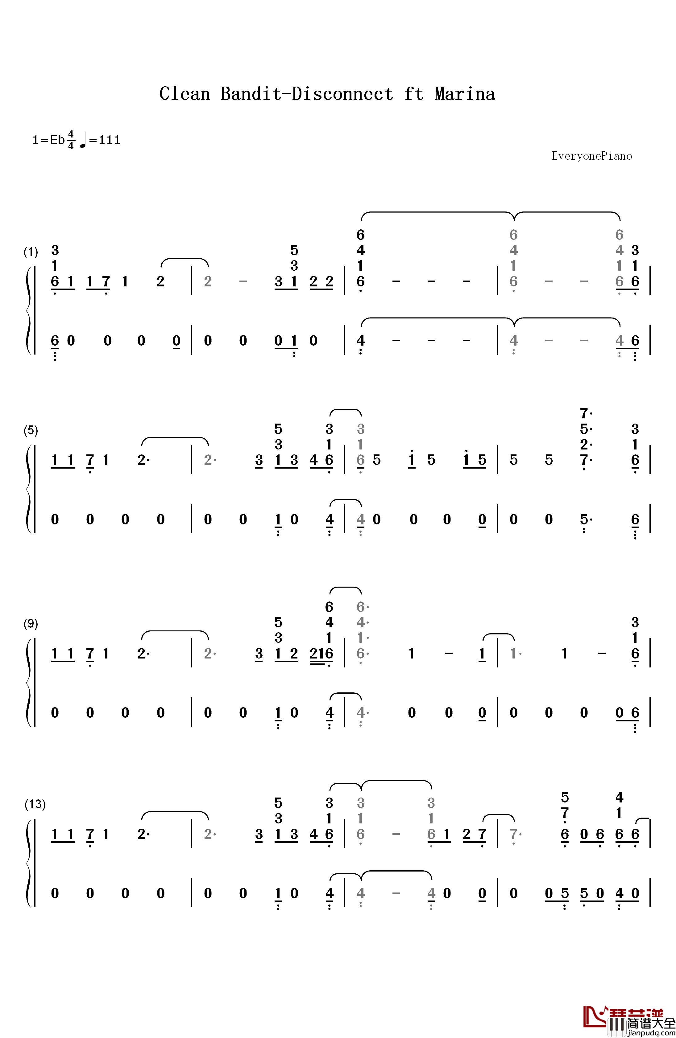 Disconnect钢琴简谱_数字双手_Clean_Bandit_ft_Marina