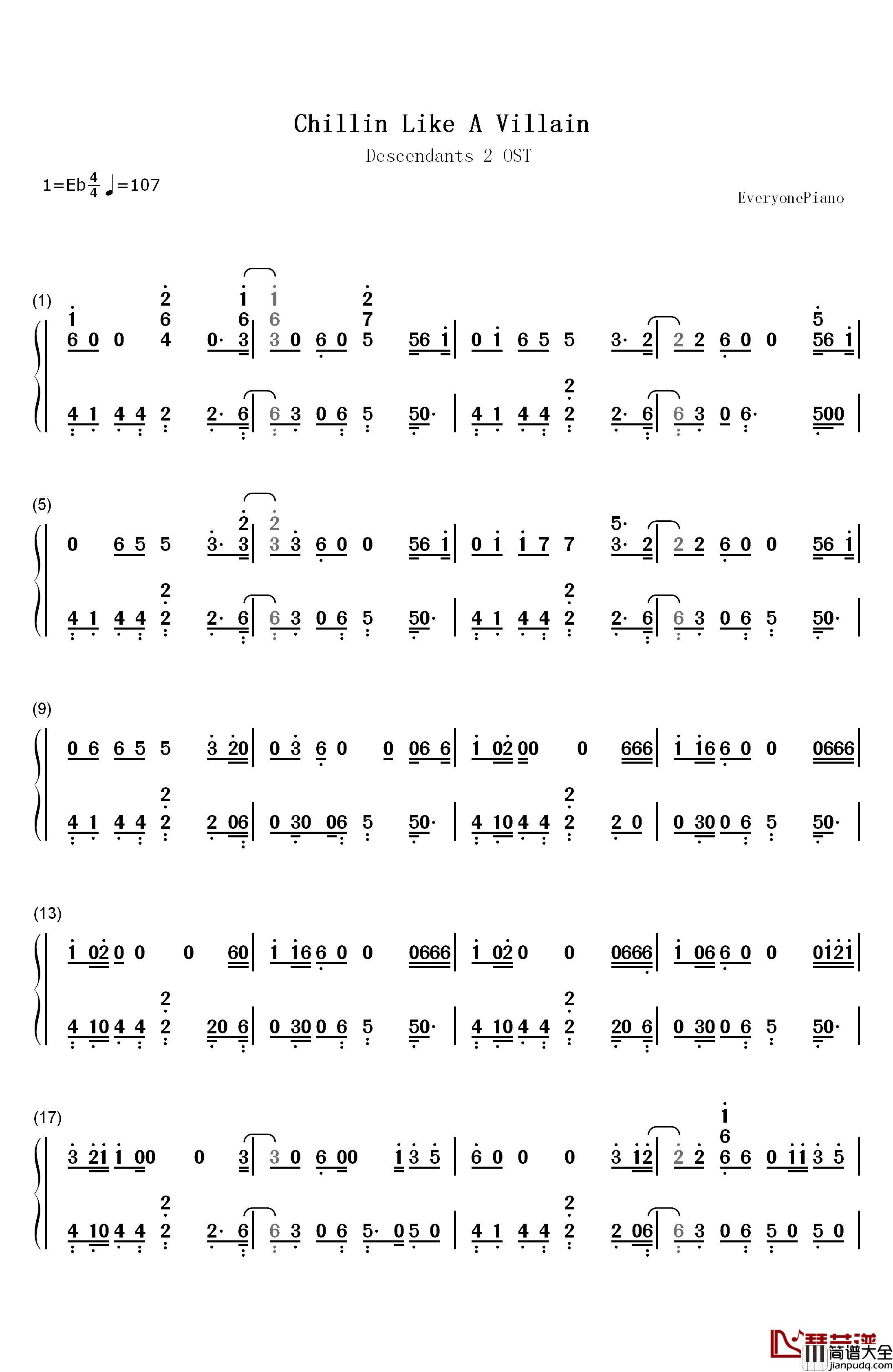 Chillin'_Like_a_Villain钢琴简谱_数字双手_Sofia_Carson_Cameron_Boyce_Booboo_Stewart_Mitchell_Hope