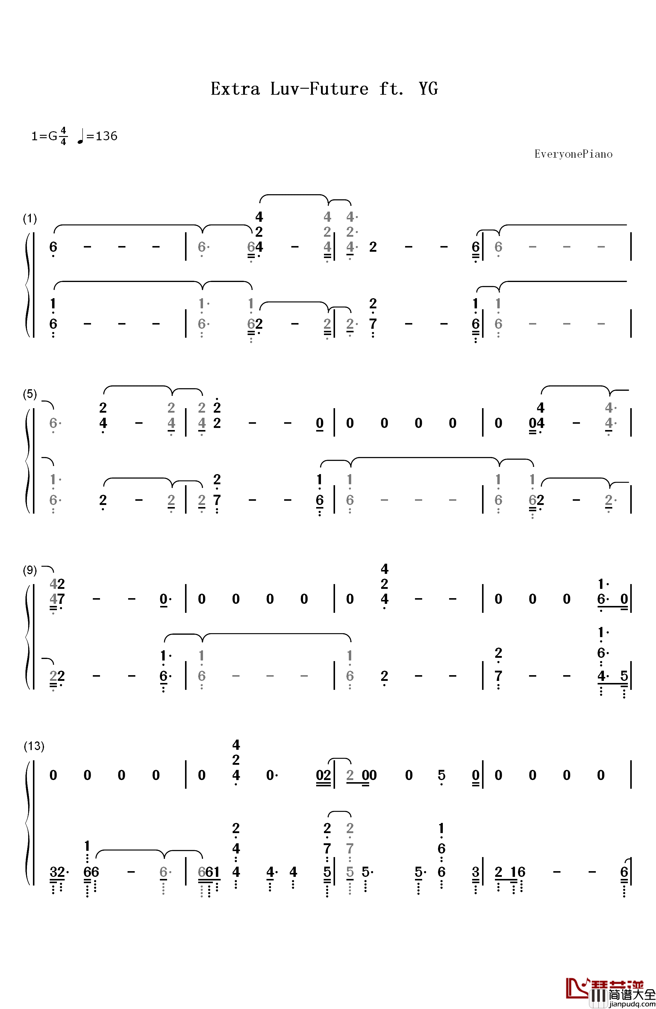 Extra_Luv钢琴简谱_数字双手_Future_ft_YG