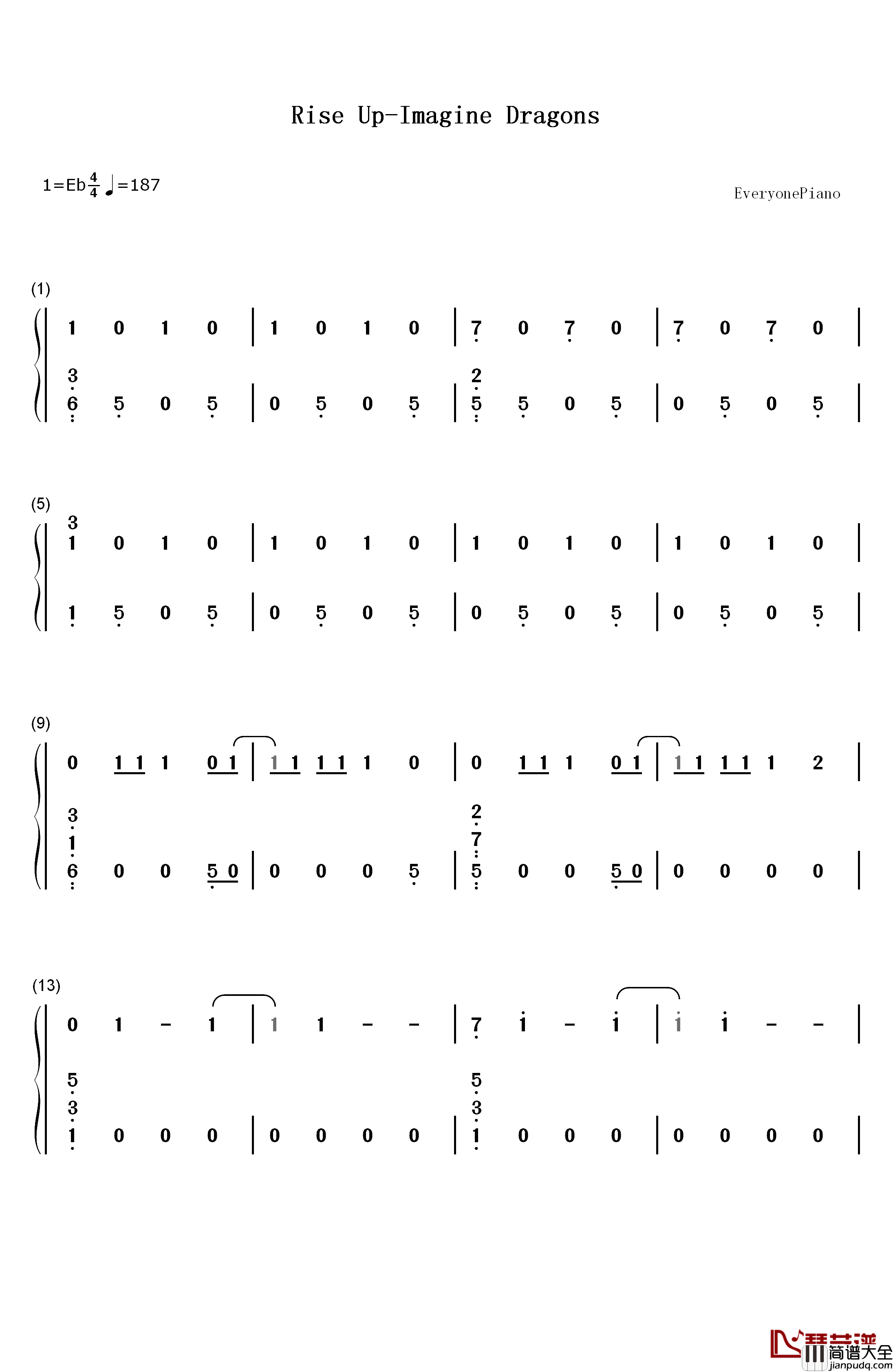 Rise_Up钢琴简谱_数字双手_Imagine_Dragons