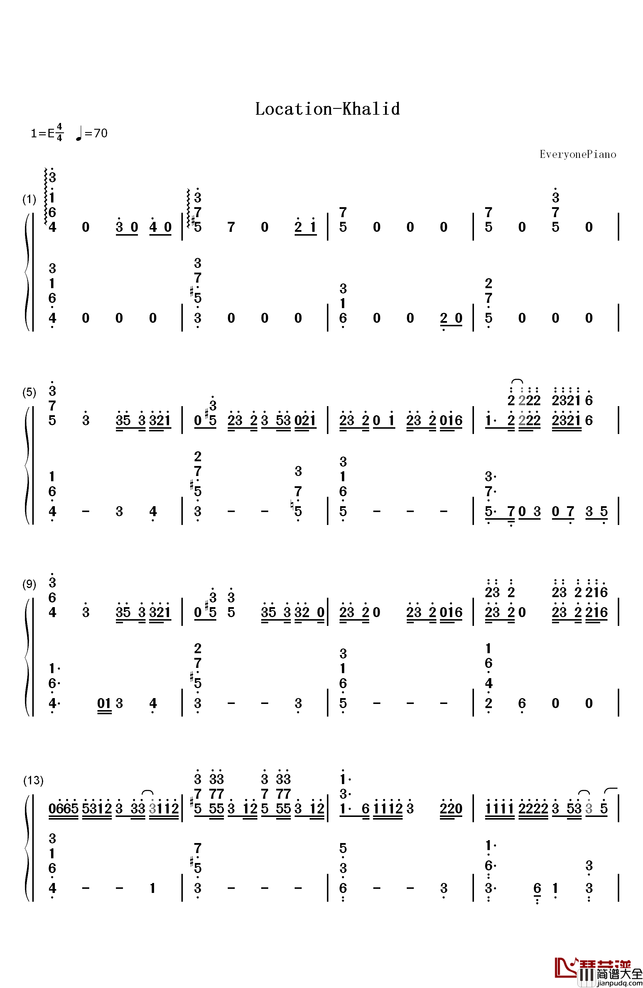 Location钢琴简谱_数字双手_Khalid