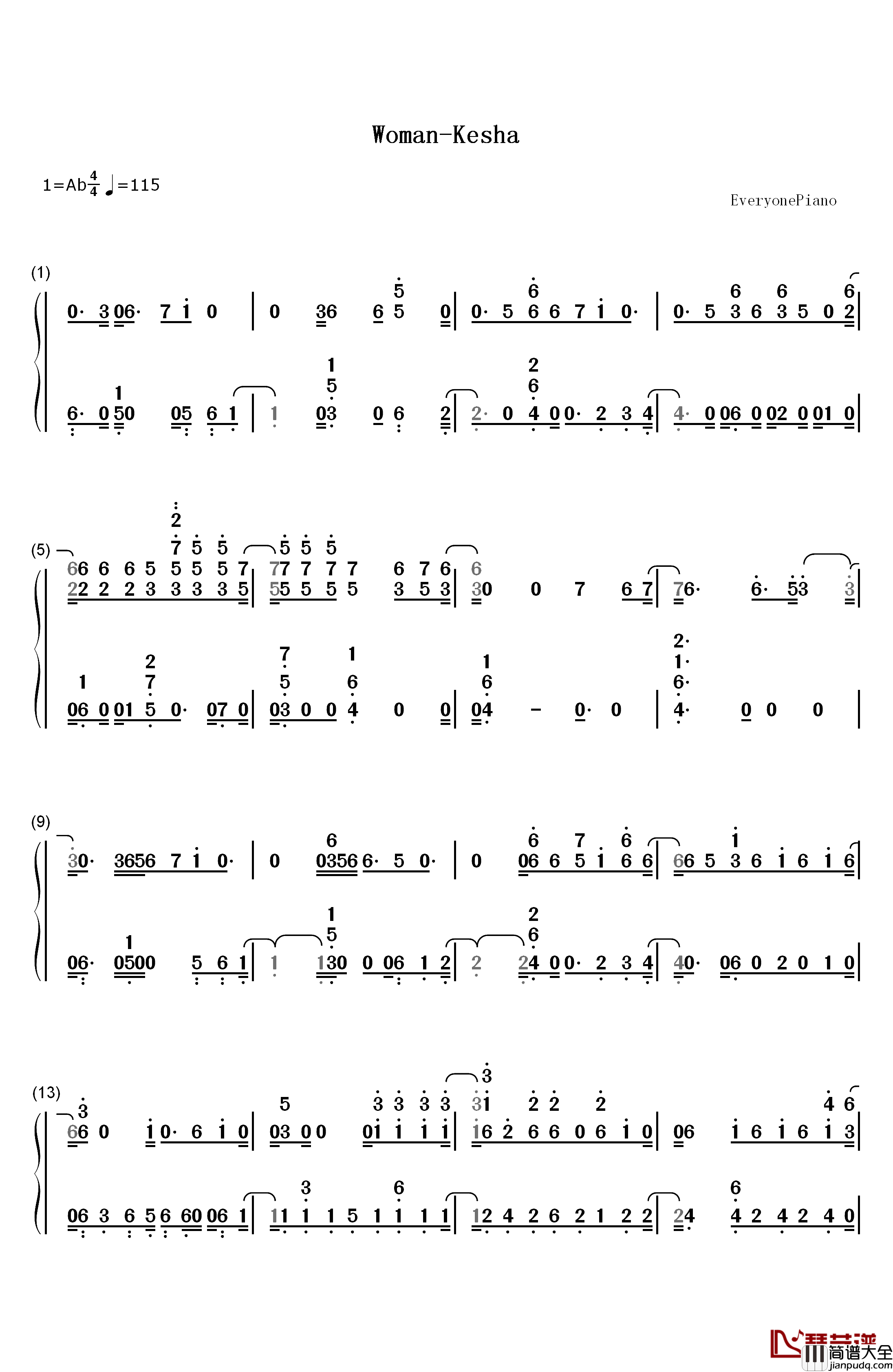 Woman钢琴简谱_数字双手_Kesha