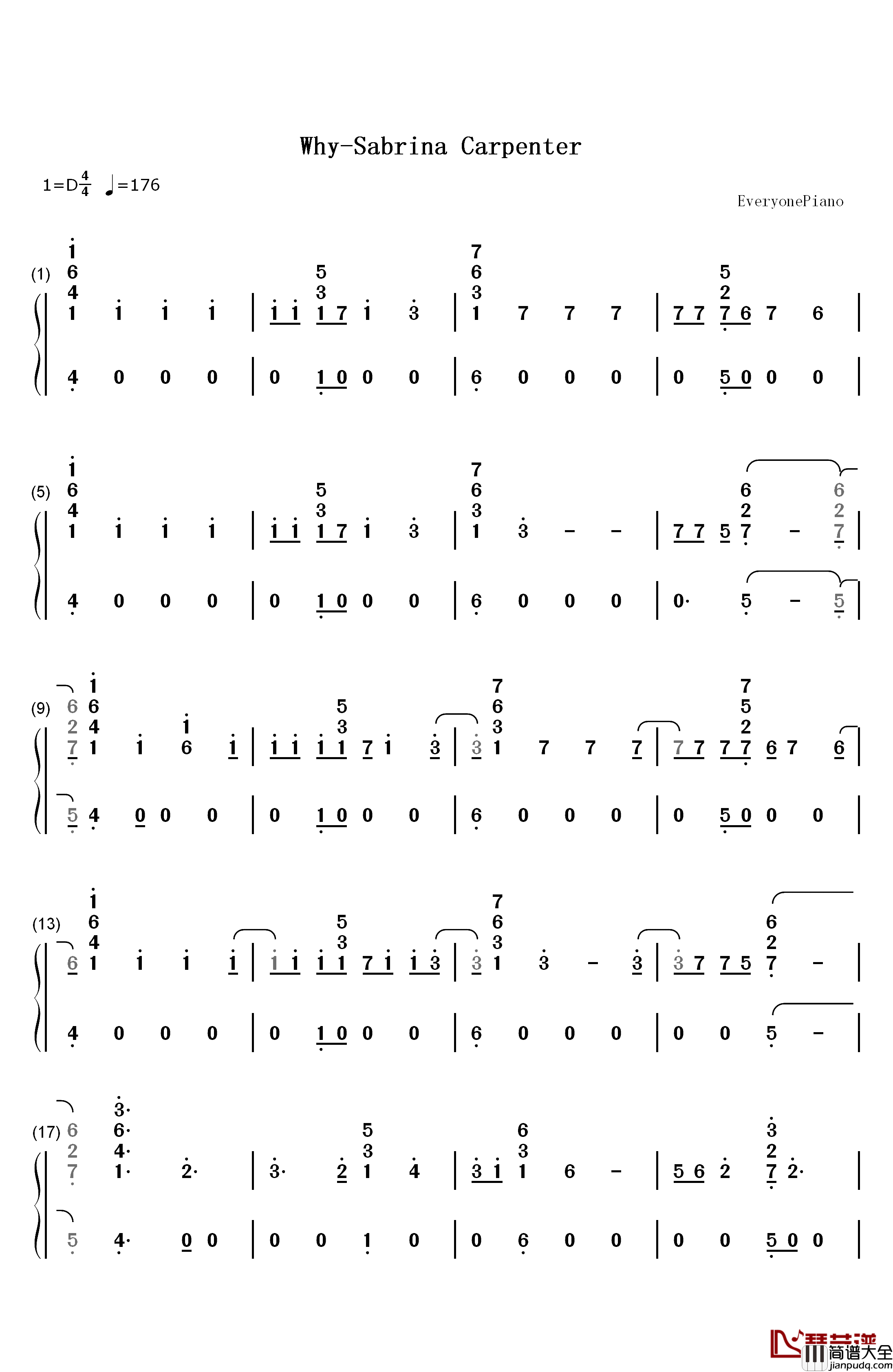 Why钢琴简谱_数字双手_Sabrina_Carpenter