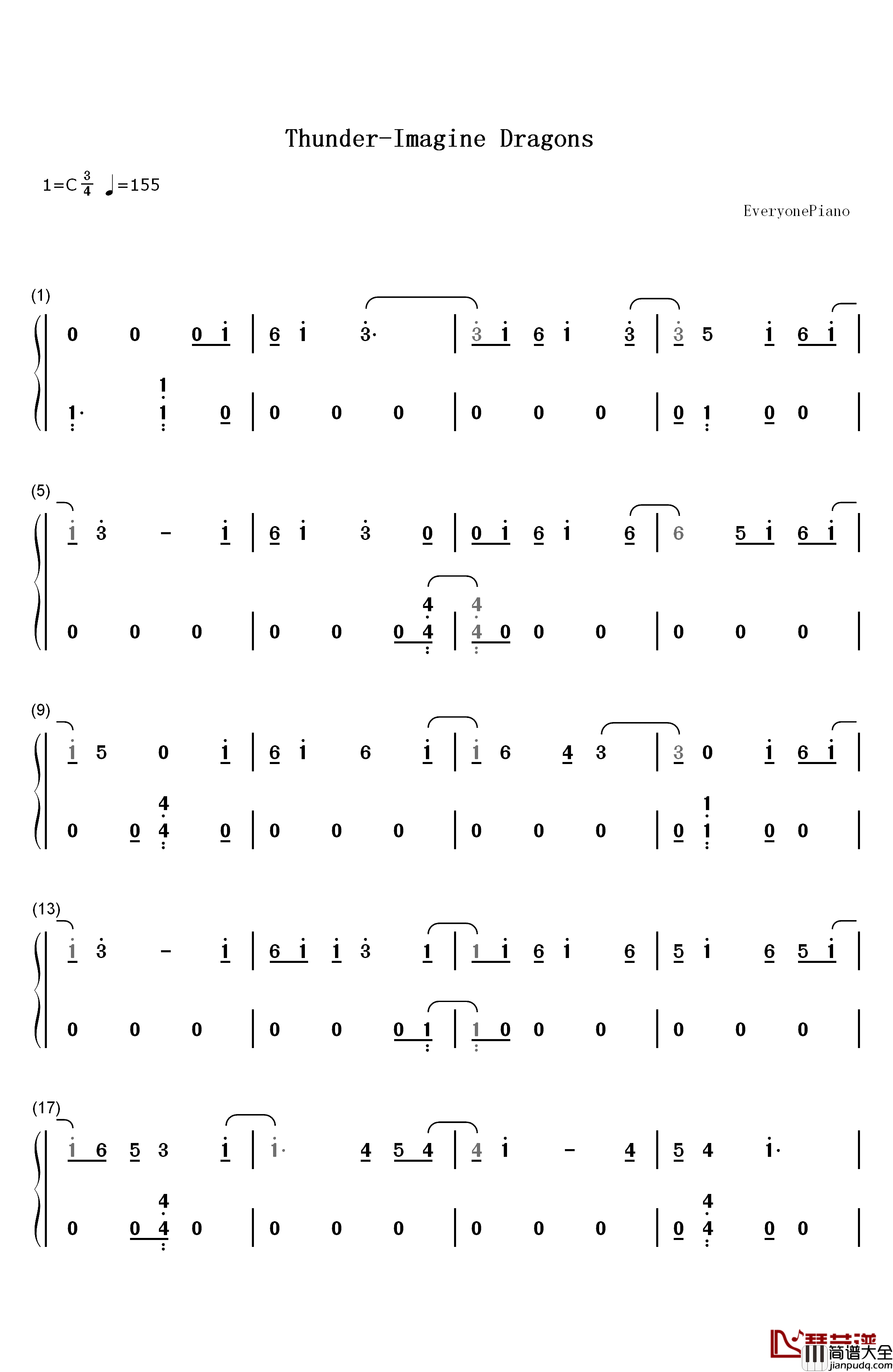 Thunder钢琴简谱_数字双手_Imagine_Dragons
