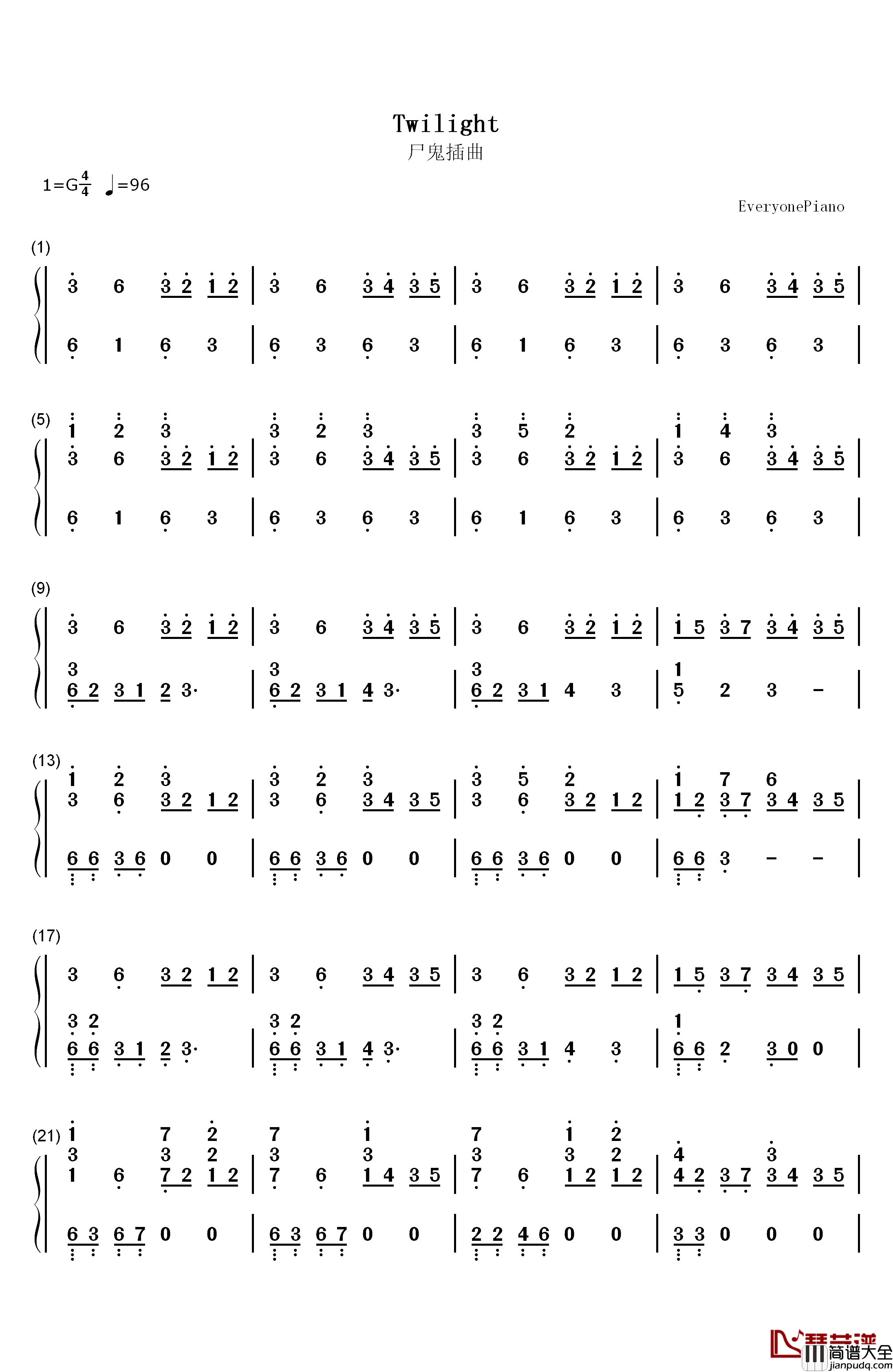 Twilight钢琴简谱_数字双手_高梨康治