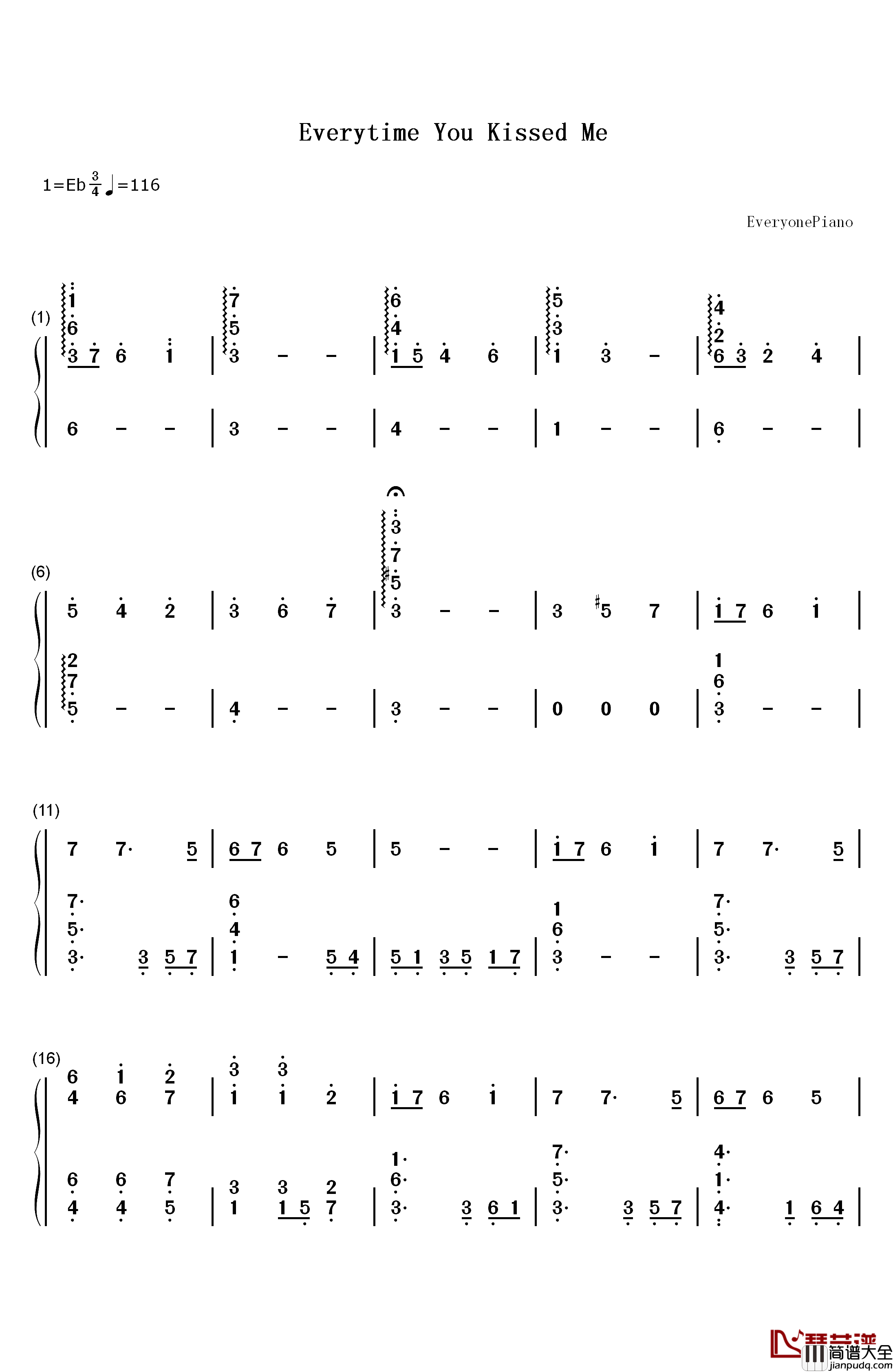 Everytime_You_Kissed_Me钢琴简谱_数字双手_Emily_Bindiger