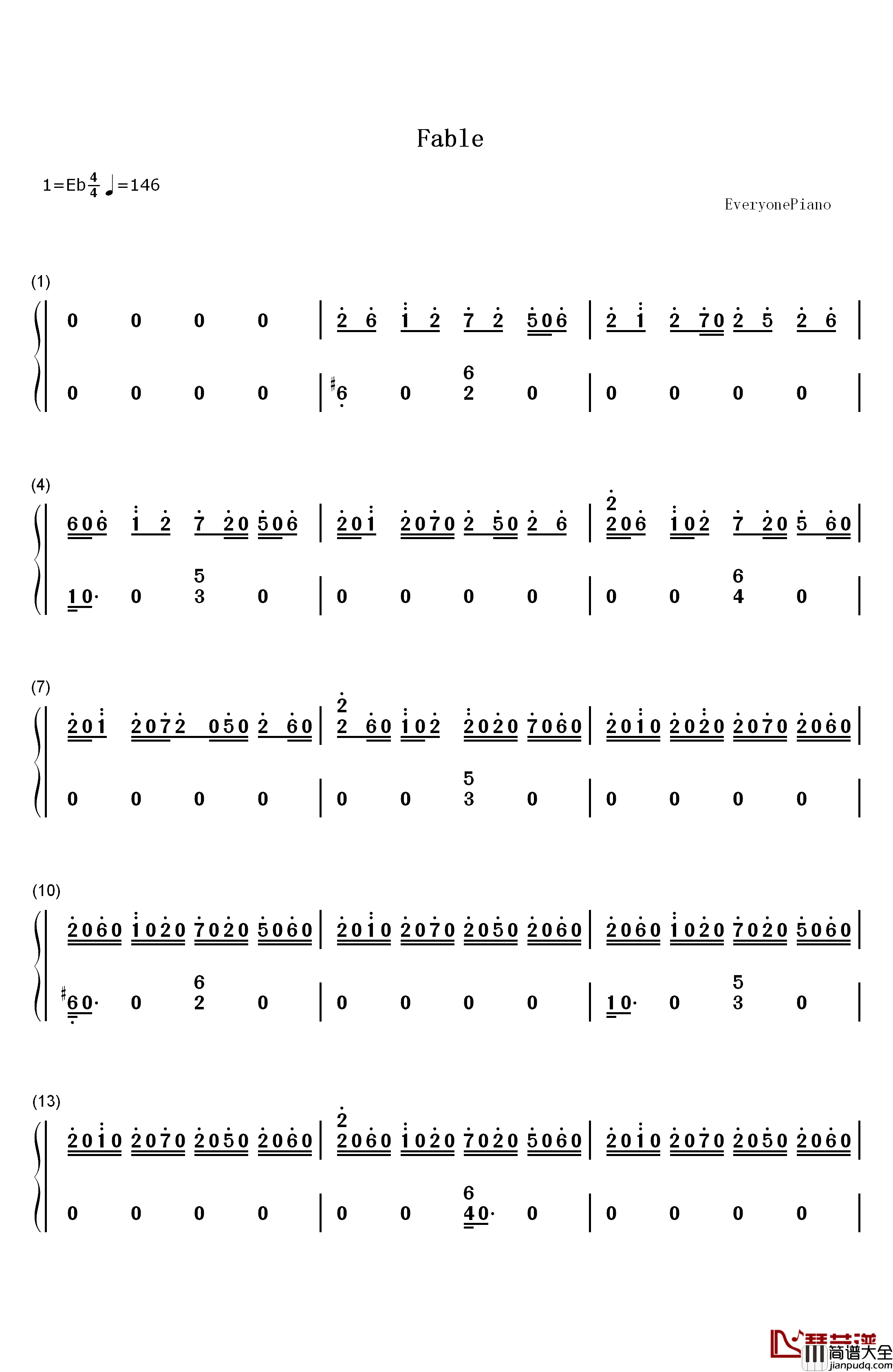 Fable钢琴简谱_数字双手_Rayark