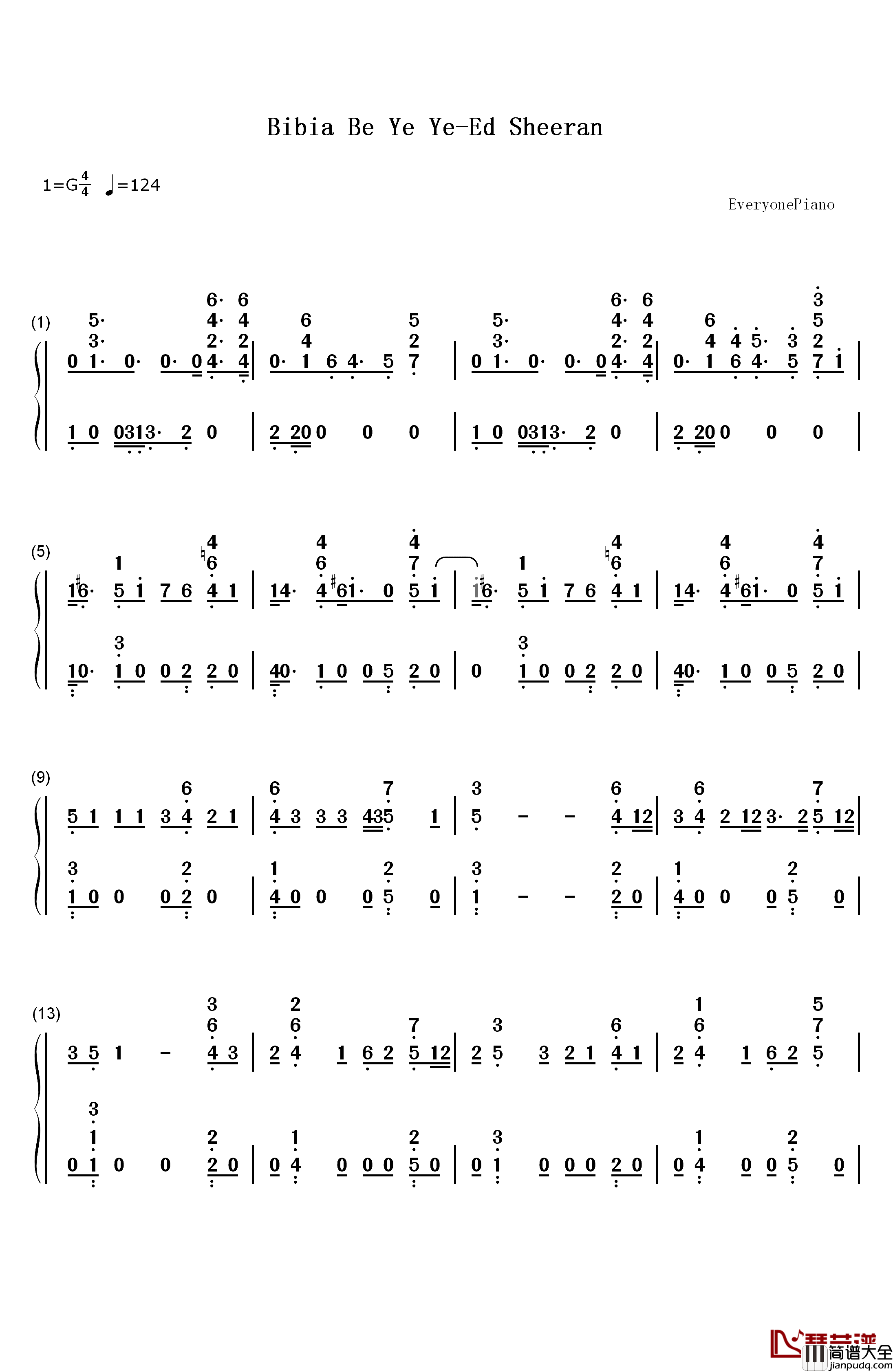 Bibia_Be_Ye_Ye钢琴简谱_数字双手_Ed_Sheeran