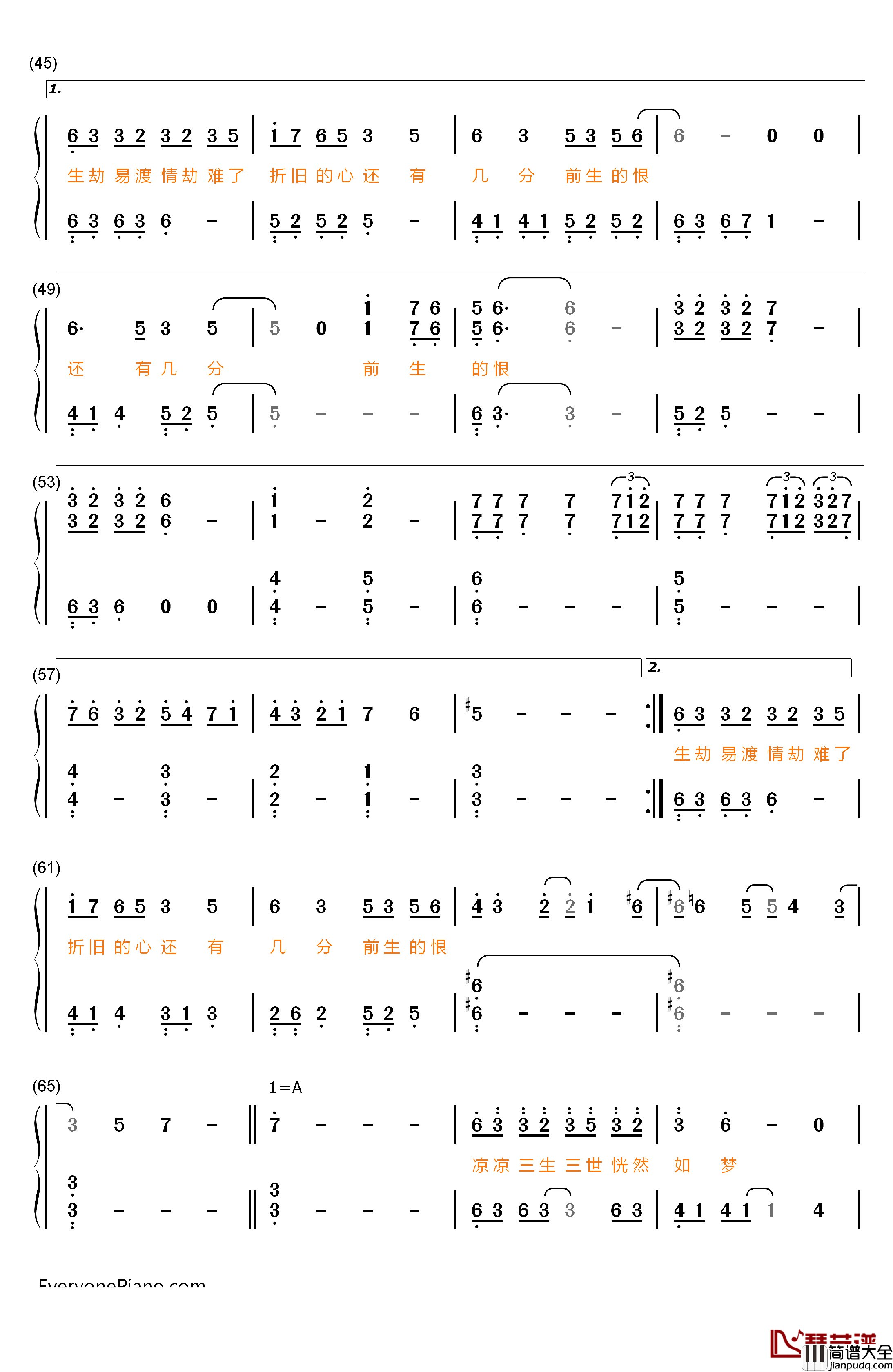 凉凉钢琴简谱_数字双手_张碧晨_杨宗纬
