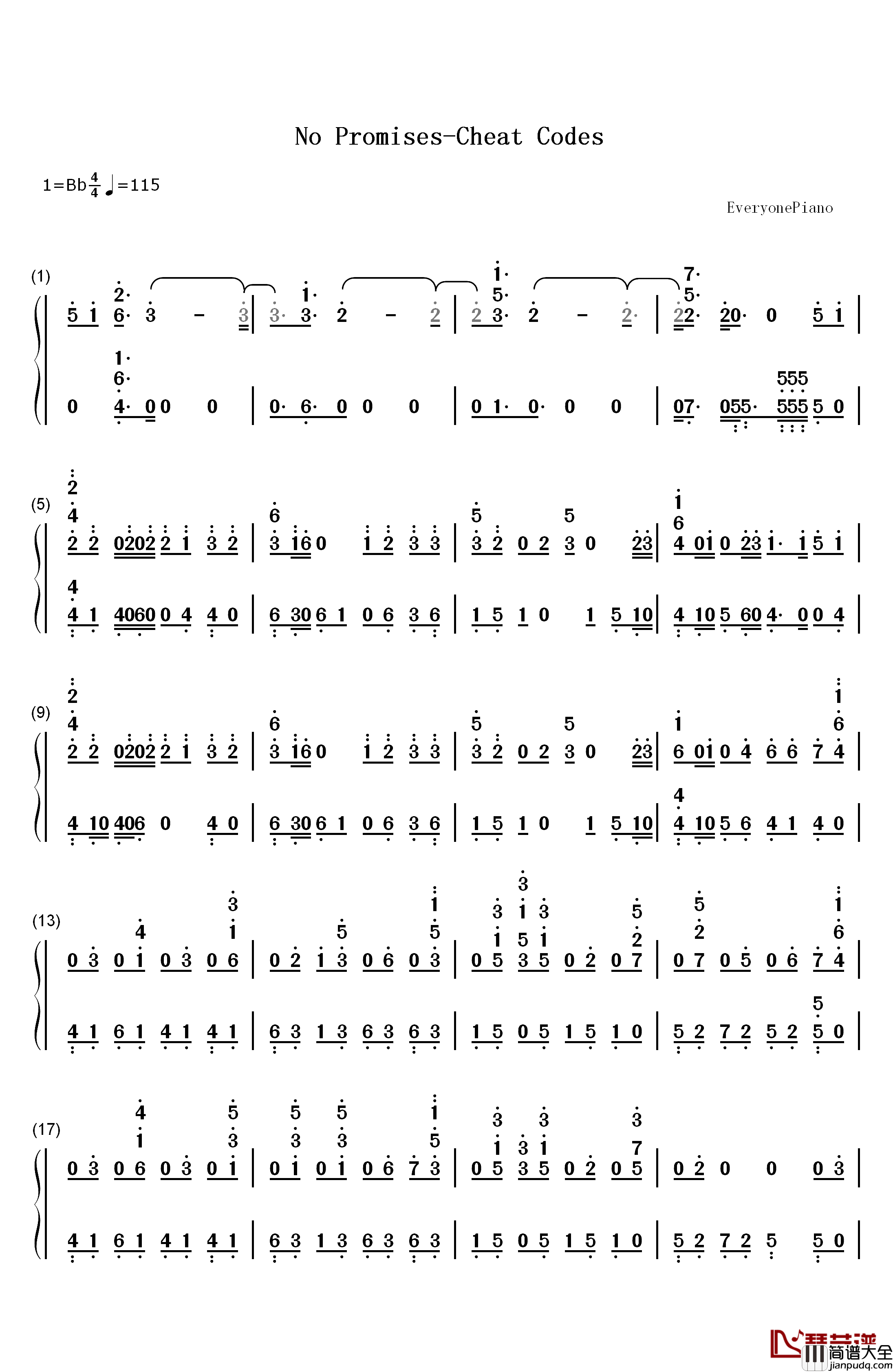 No_Promises钢琴简谱_数字双手_Cheat_Codes