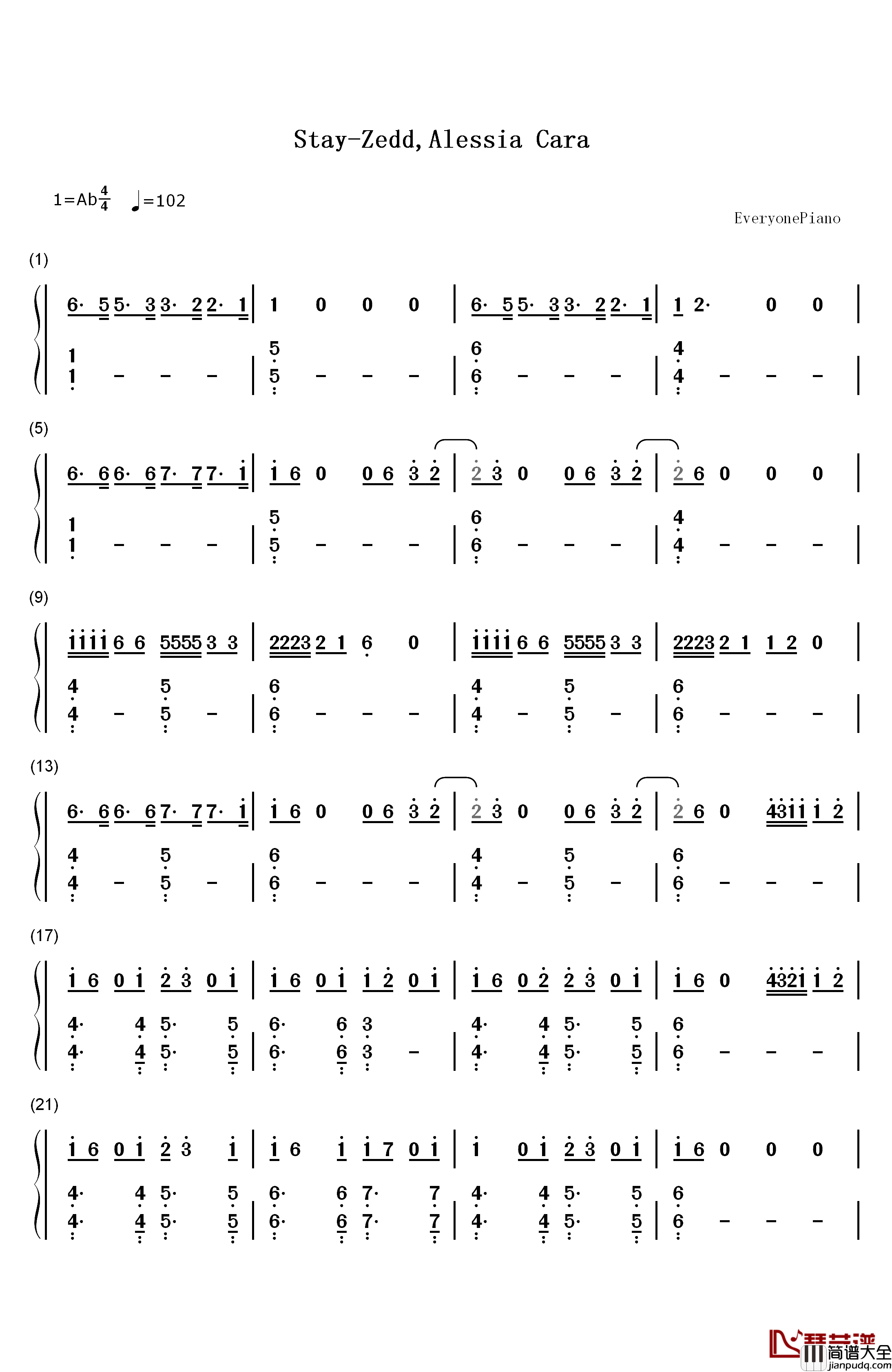 Stay钢琴简谱_数字双手_Zedd_Alessia_Cara