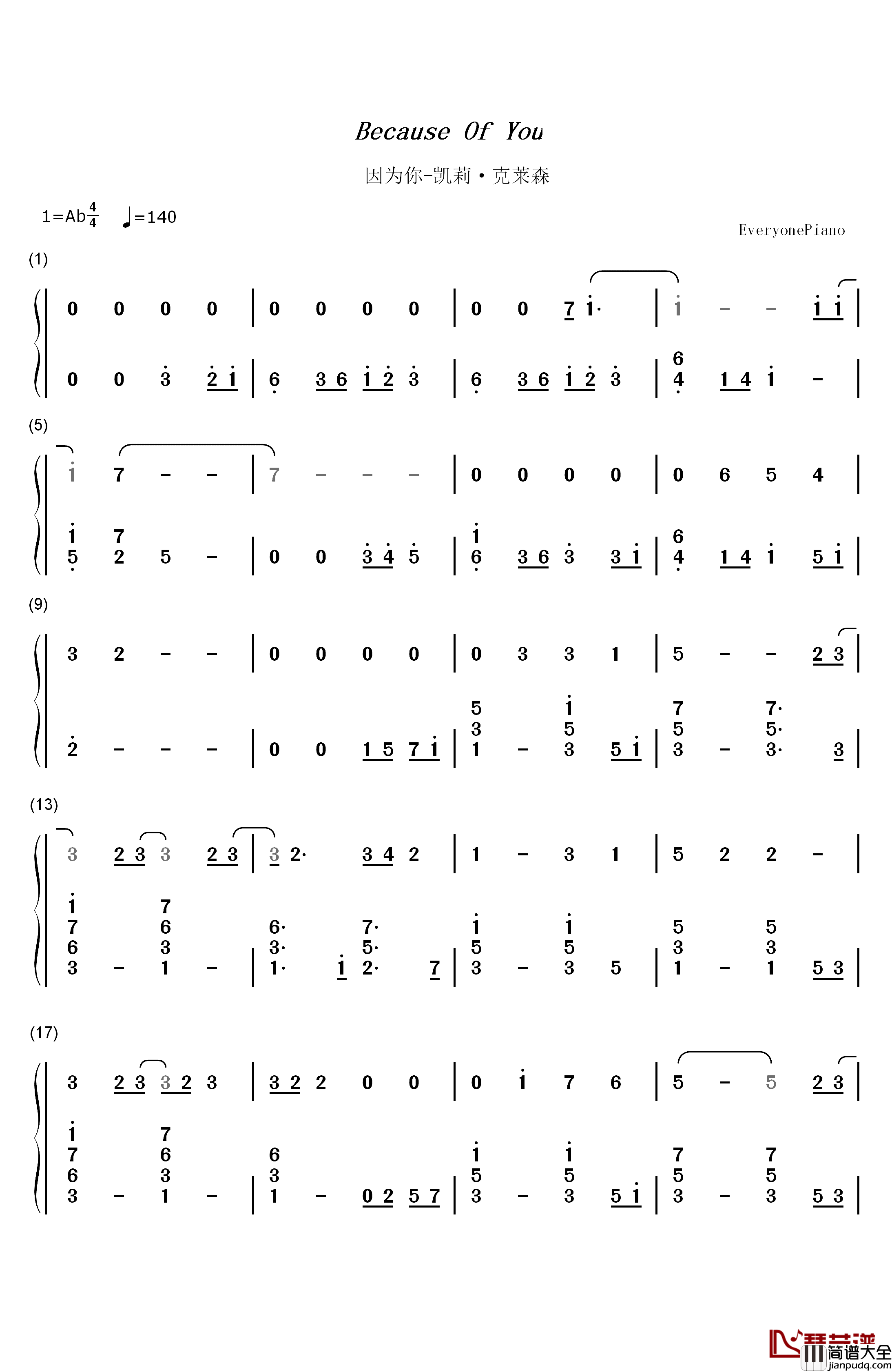 Because_Of_You钢琴简谱_数字双手_凯莉·克莱森__Kelly_Clarkson