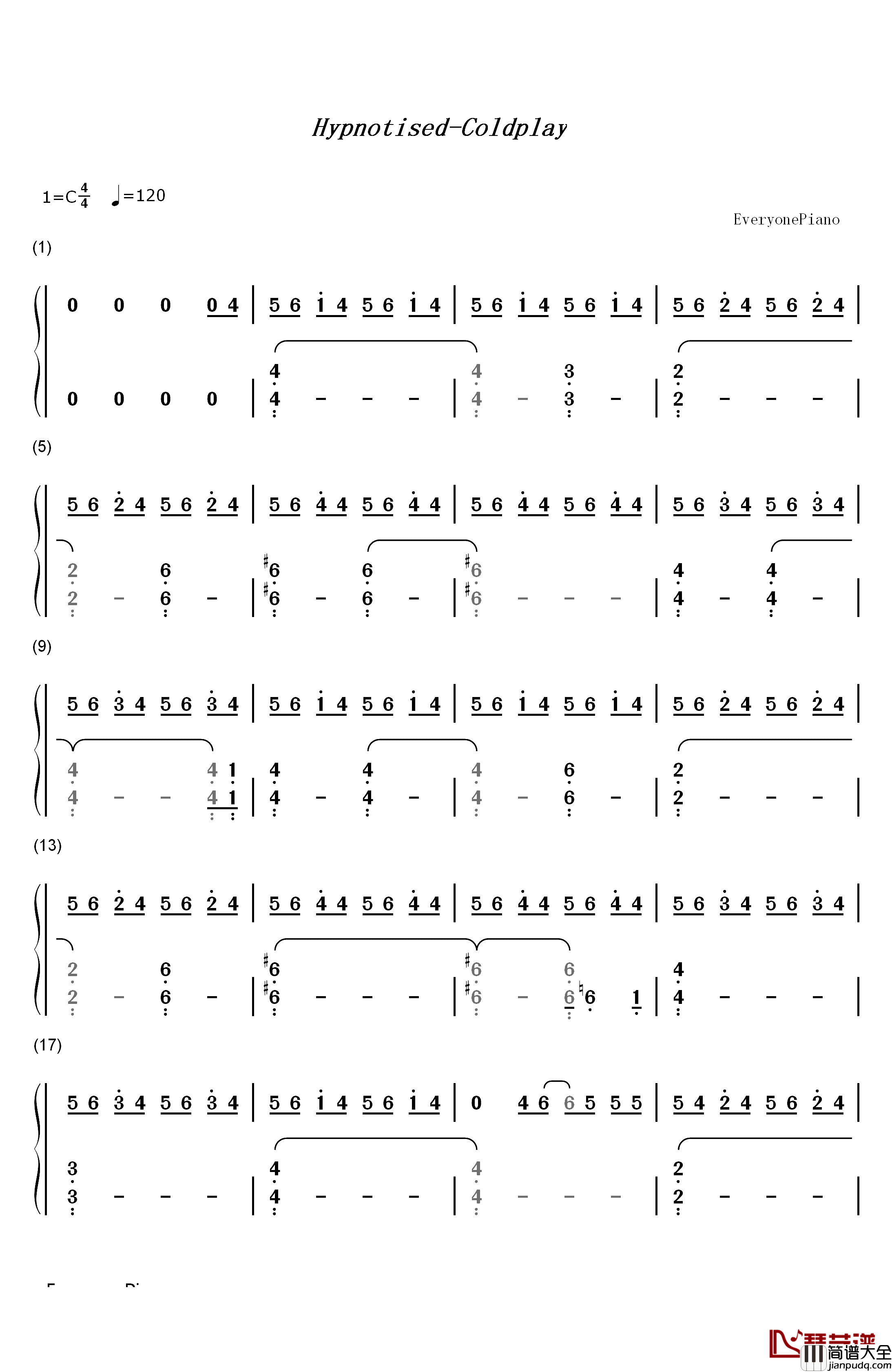 Hypnotised钢琴简谱_数字双手_Coldplay