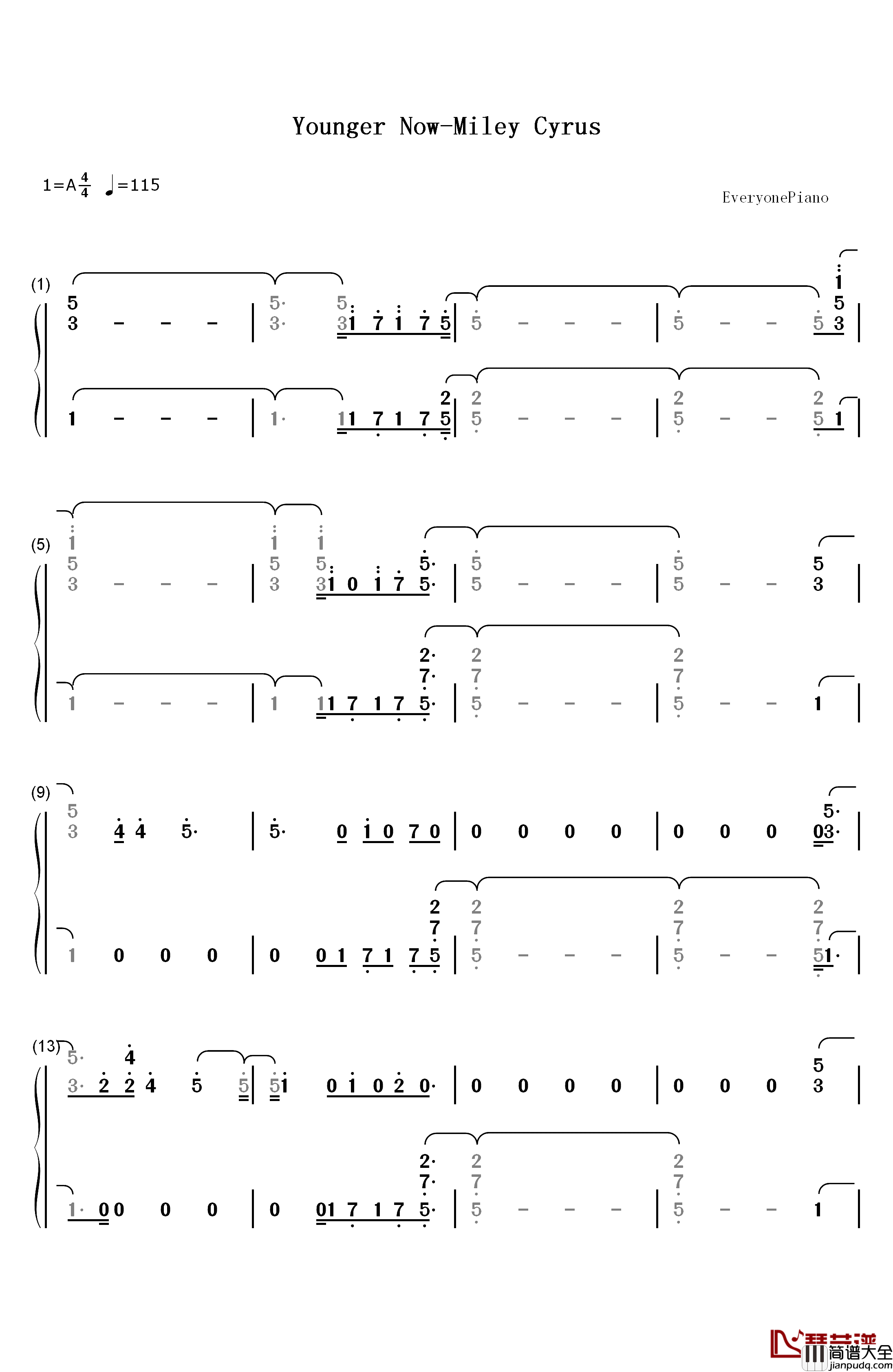 Younger_Now钢琴简谱_数字双手_Miley_Cyrus