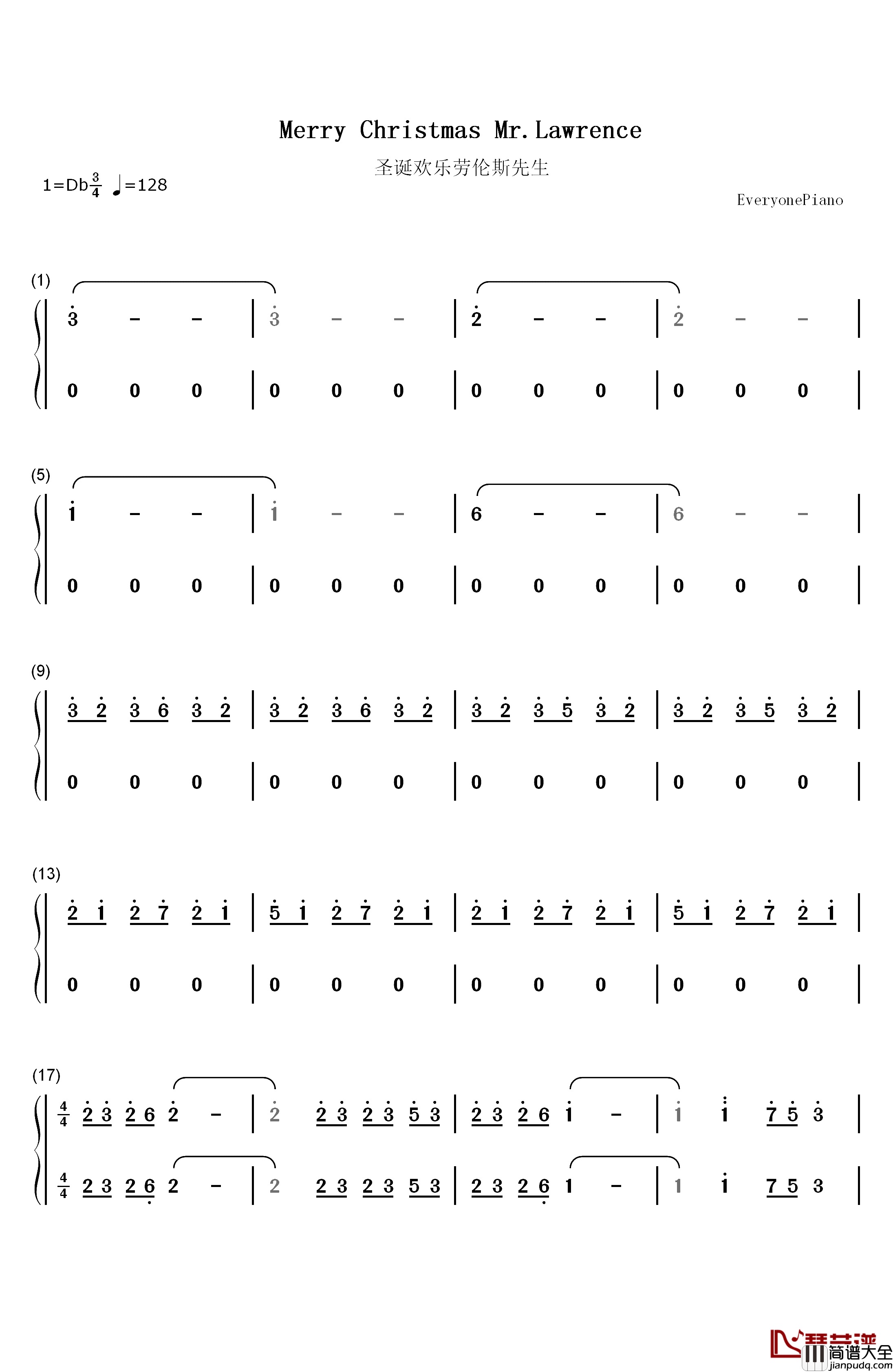 Merry_Christmas_Mr_Lawrence钢琴简谱_数字双手_坂本龙一