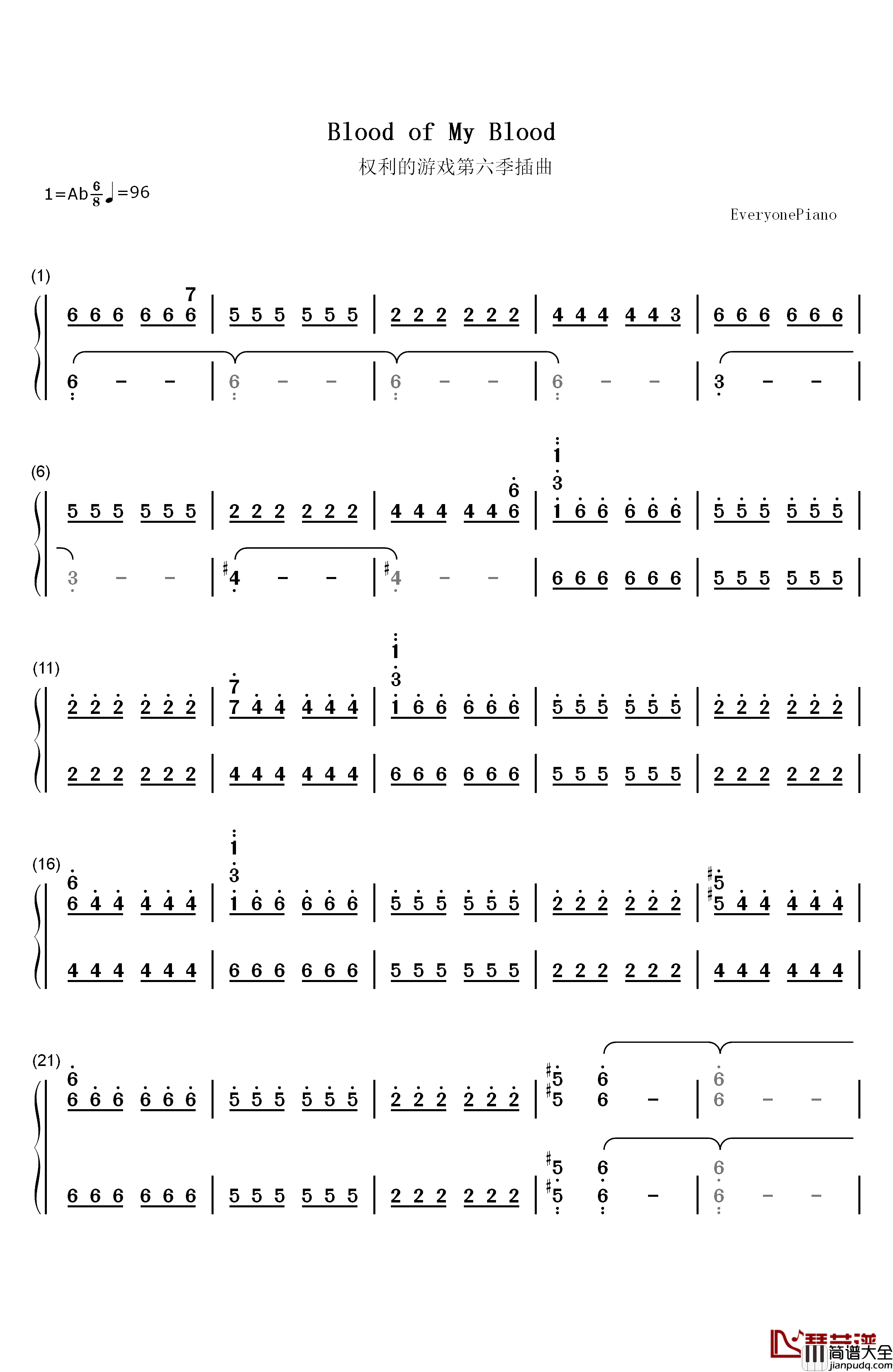 Blood_of_My_Blood钢琴简谱_数字双手_Ramin_Djawadi