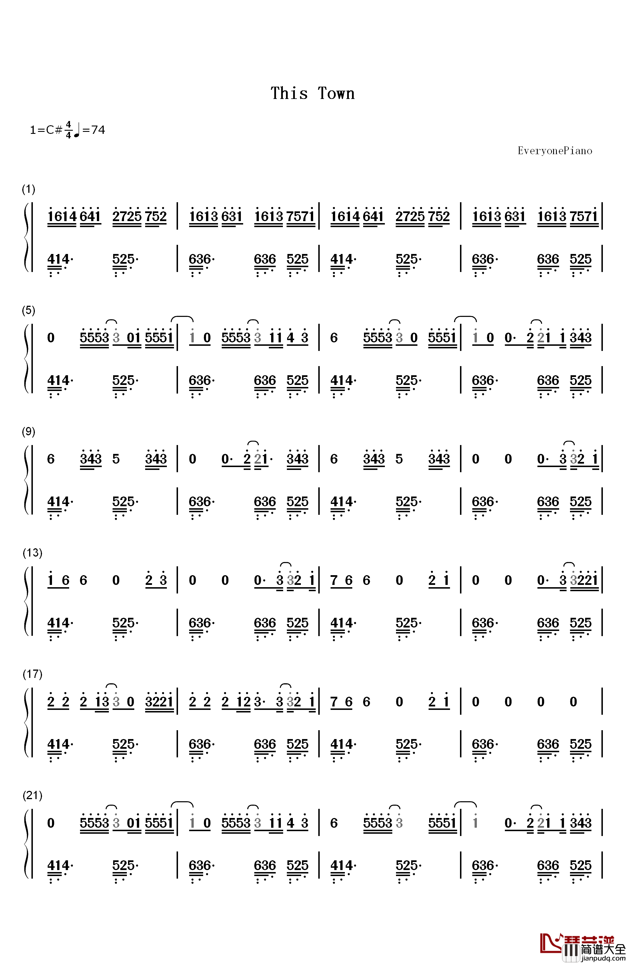 This_Town钢琴简谱_数字双手_Kygo_Sasha_Sloan