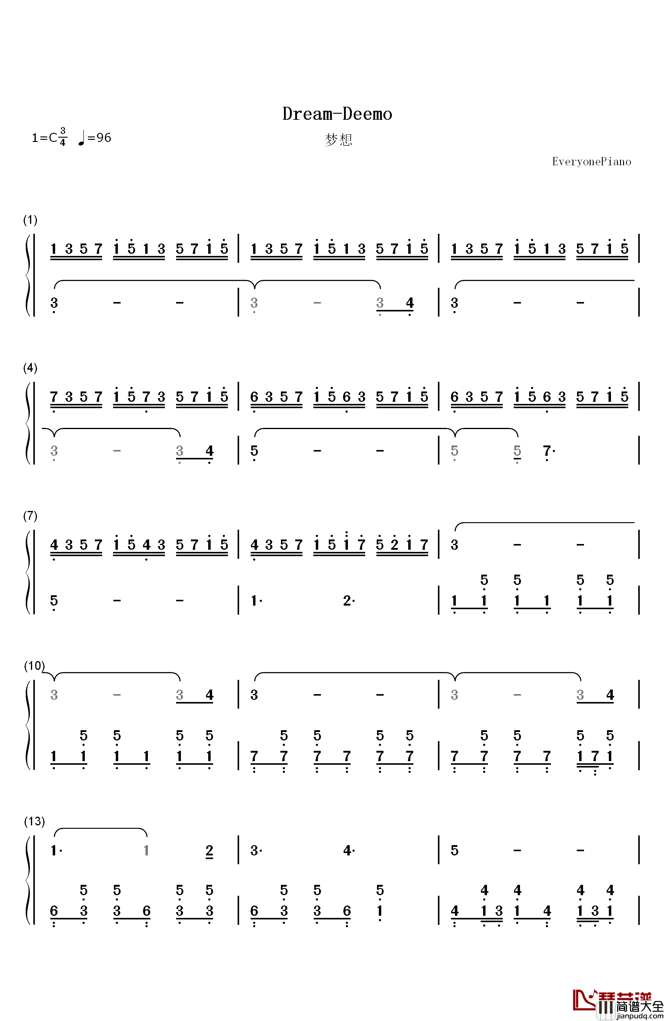 Dream钢琴简谱_数字双手_Rayark