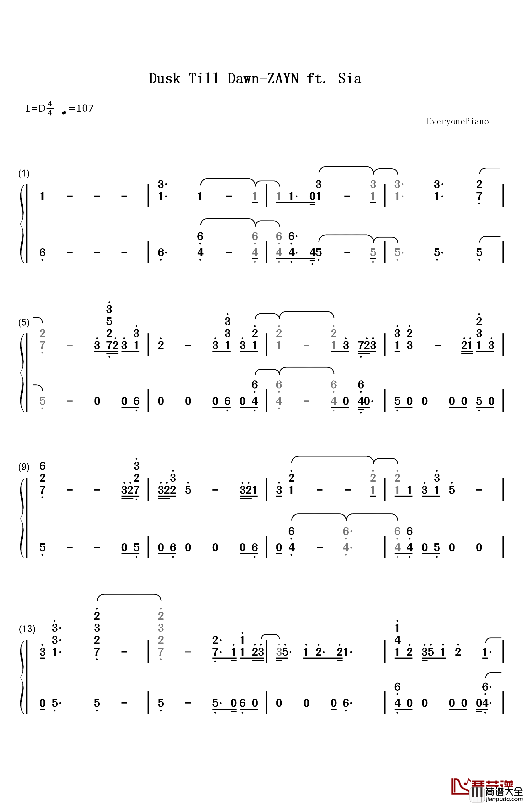 Dusk_Till_Dawn钢琴简谱_数字双手_ZAYN_Sia