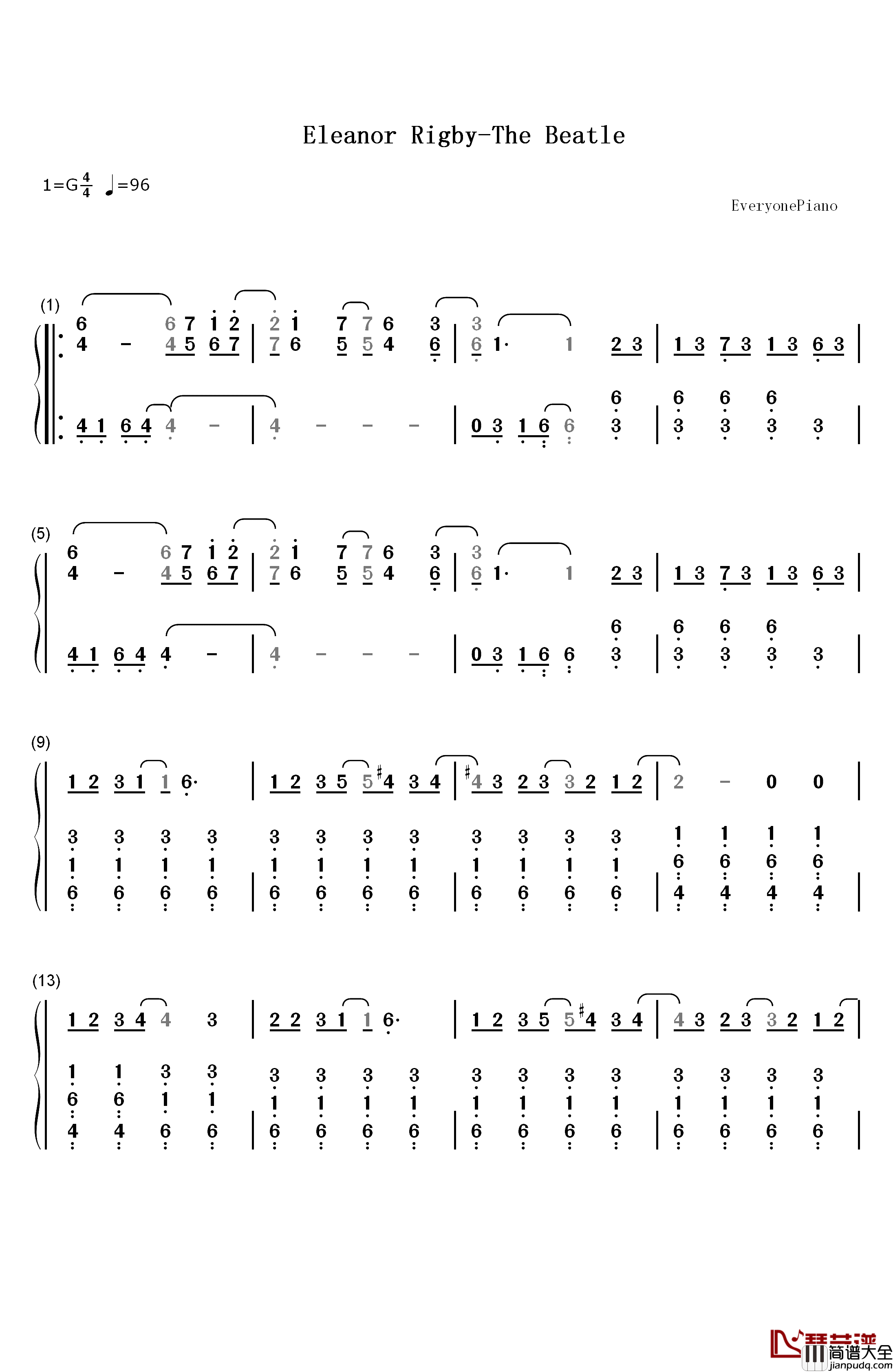 Eleanor_Rigby钢琴简谱_数字双手_The_Beatles