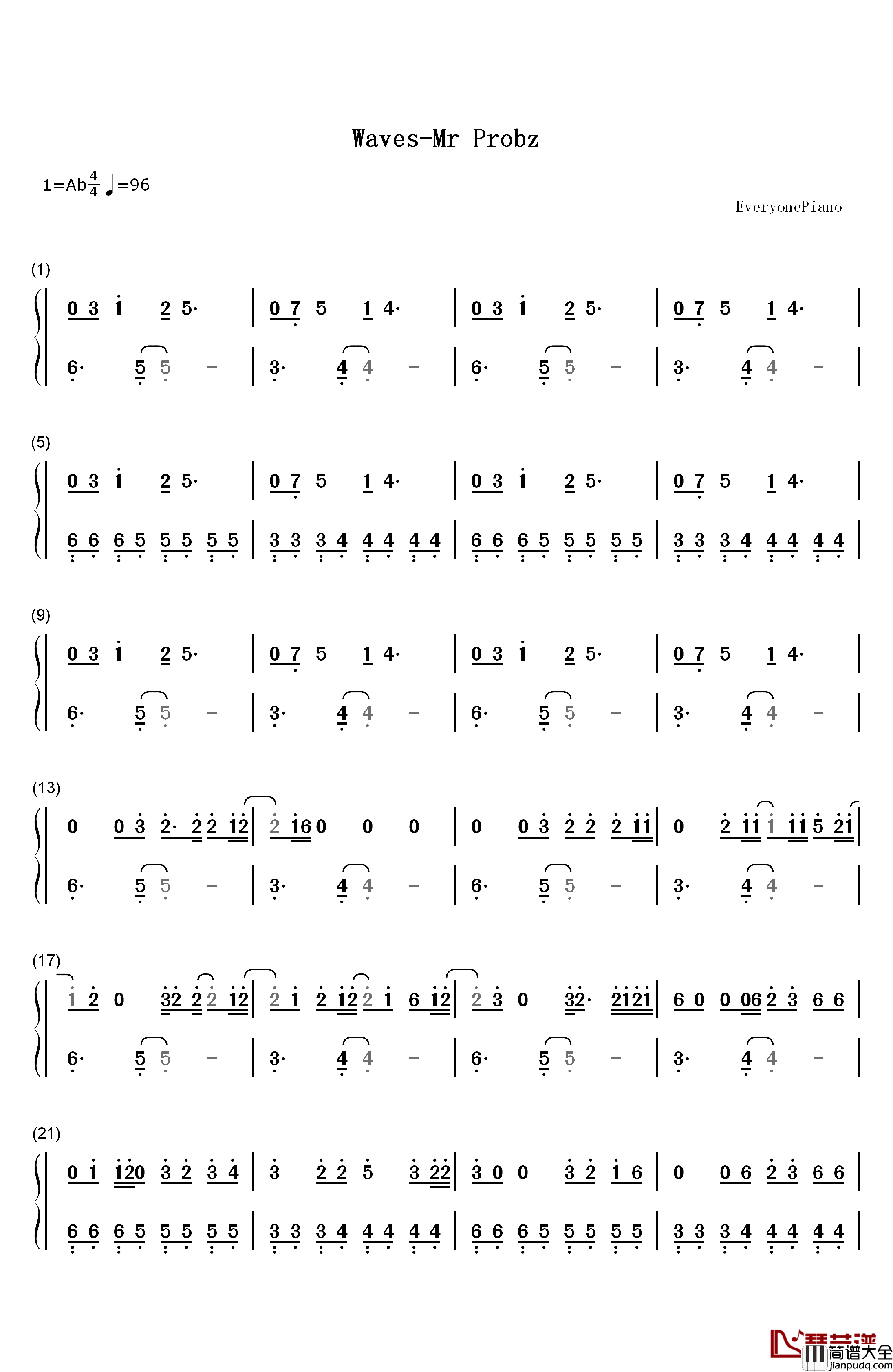 Waves钢琴简谱_数字双手_Mr_Probz