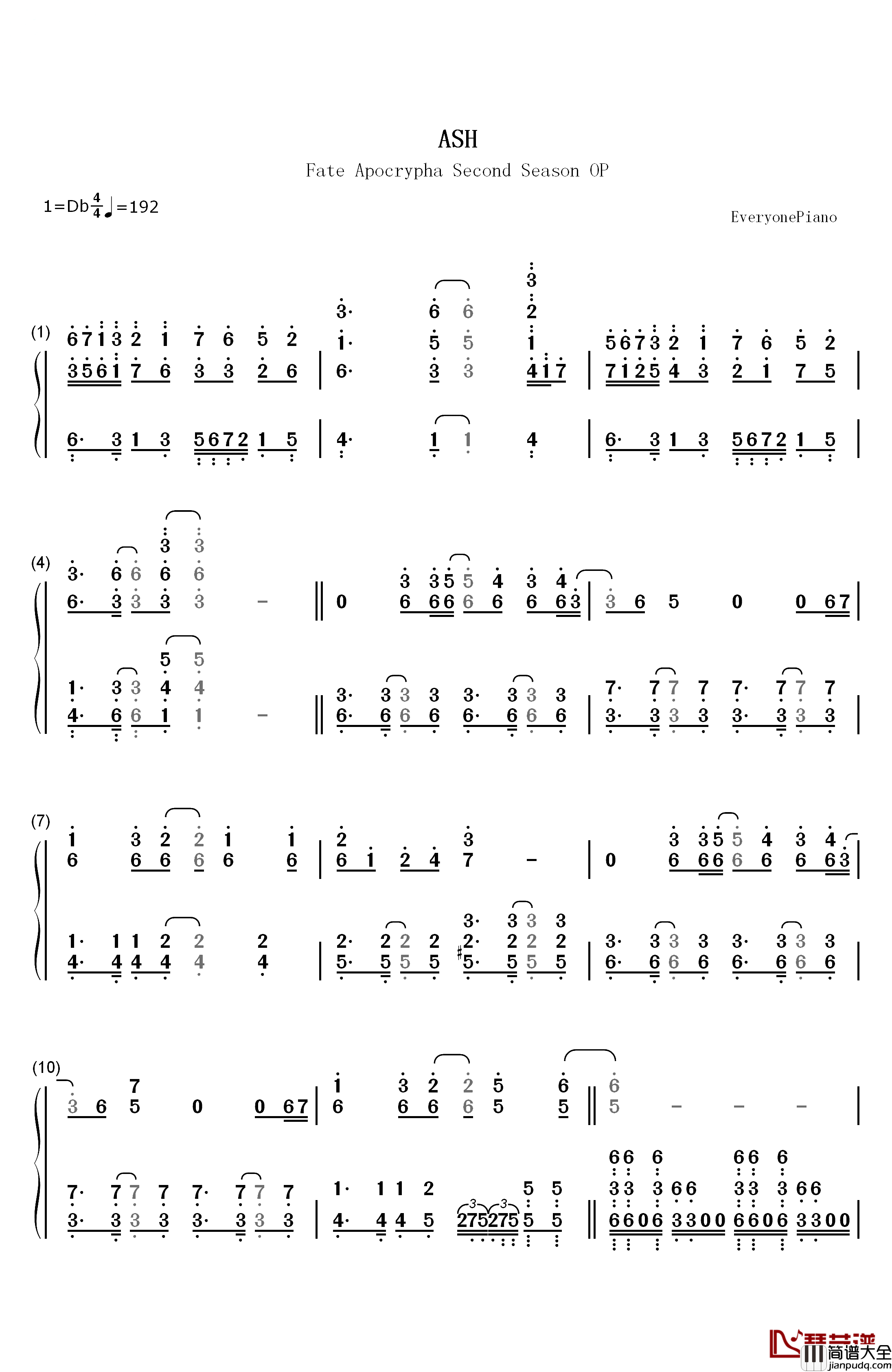 ASH钢琴简谱_数字双手_LiSA