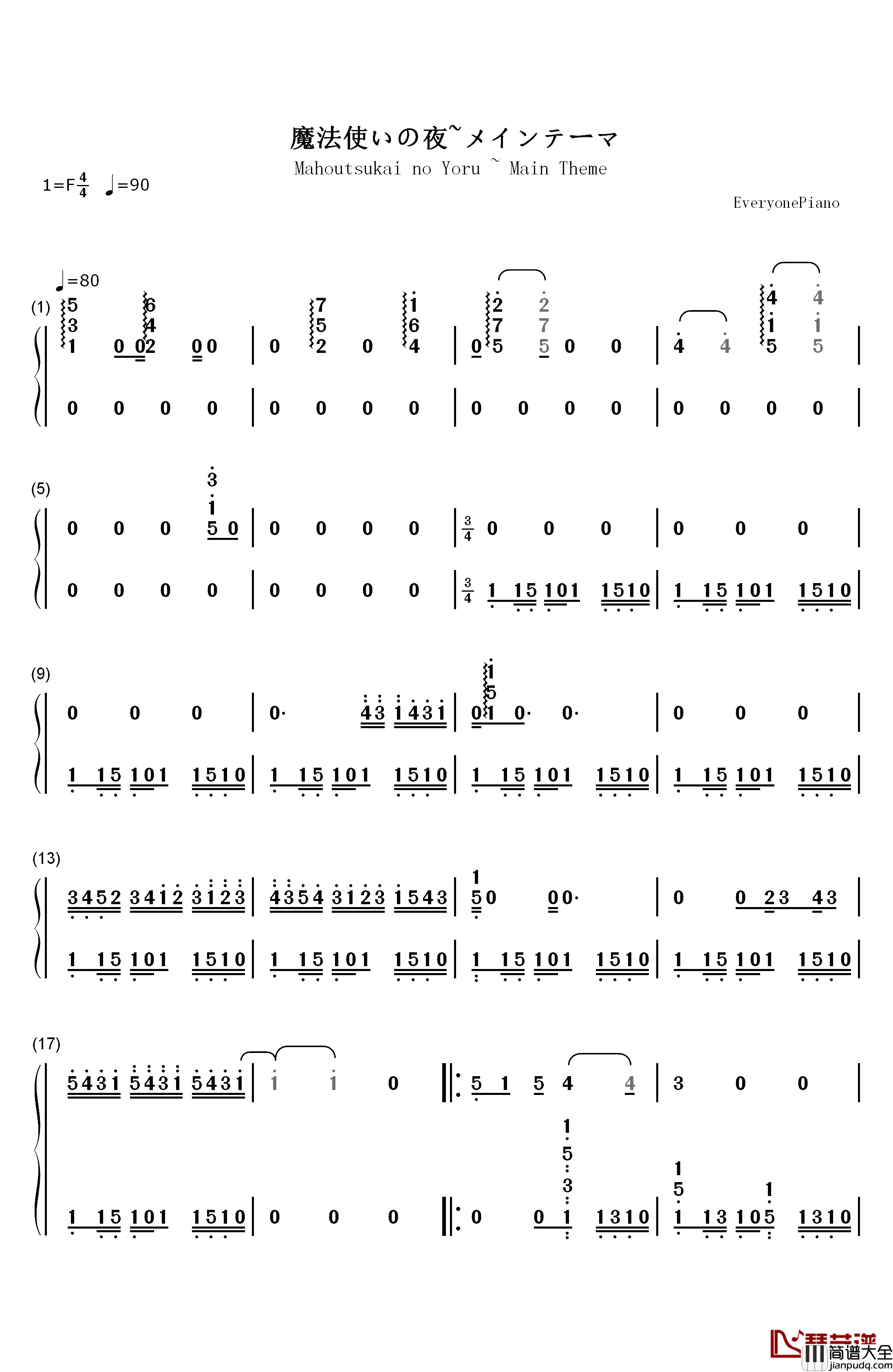 魔法使いの夜~メインテーマ钢琴简谱_数字双手_深泽秀行