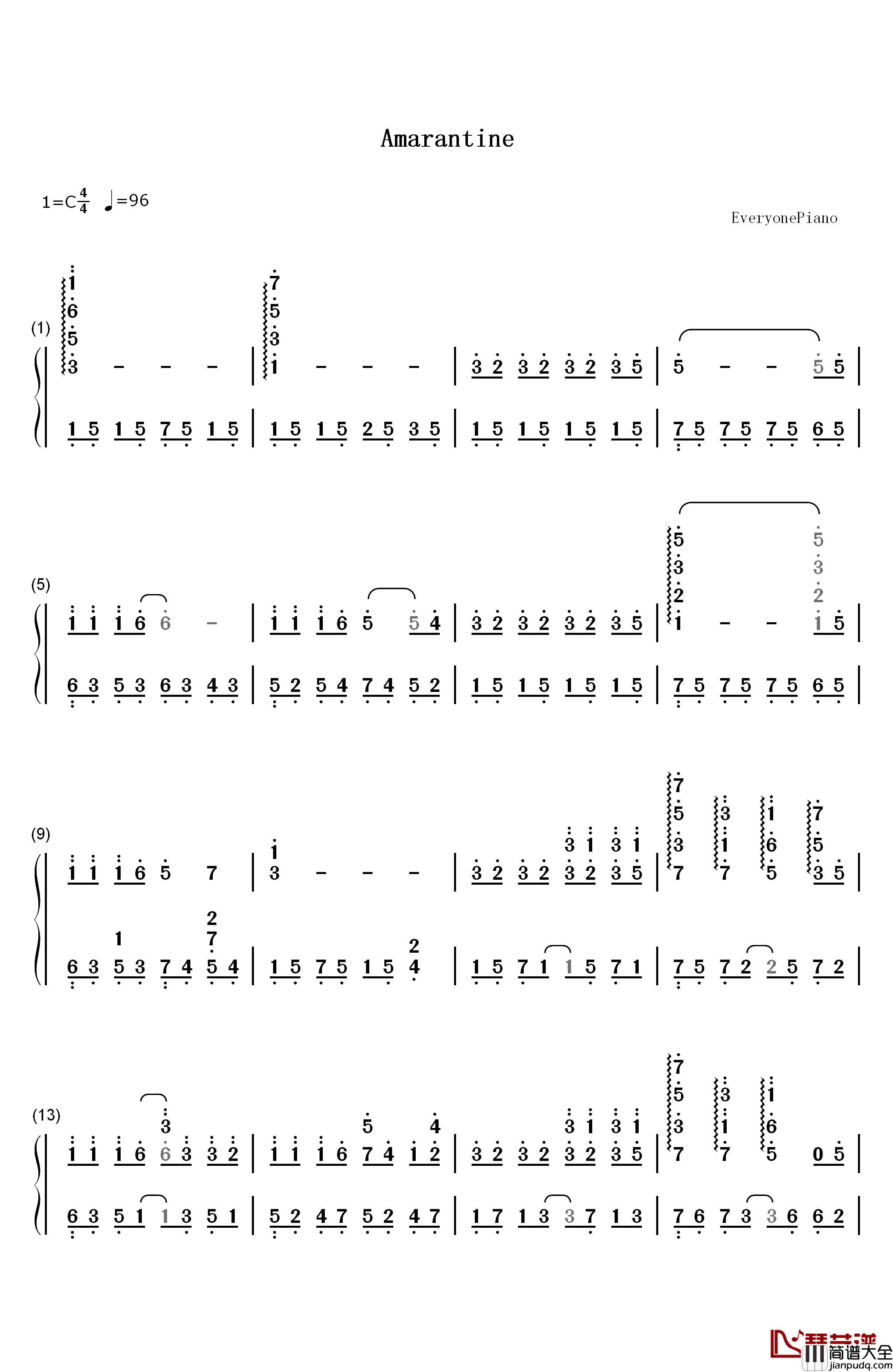 Amarantine钢琴简谱_数字双手_恩雅