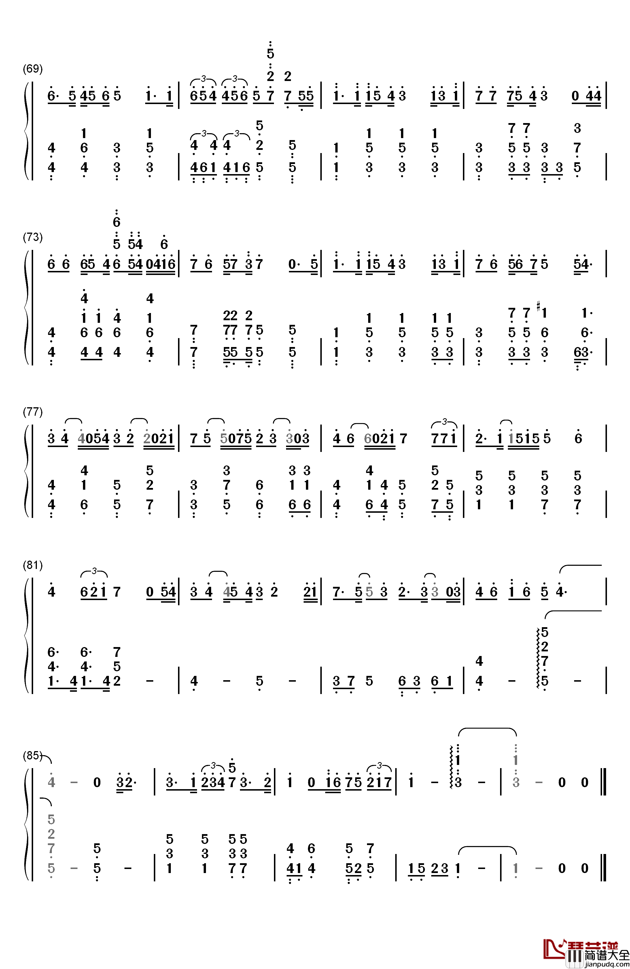 终身美丽钢琴简谱_数字双手_郑秀文