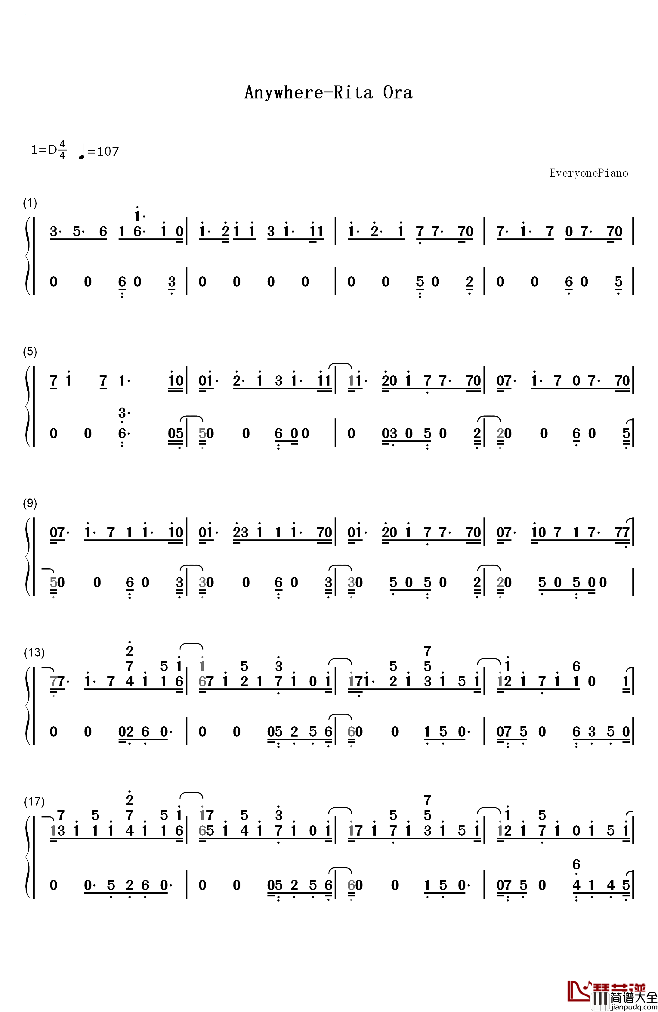 Anywhere钢琴简谱_数字双手_Rita_Ora