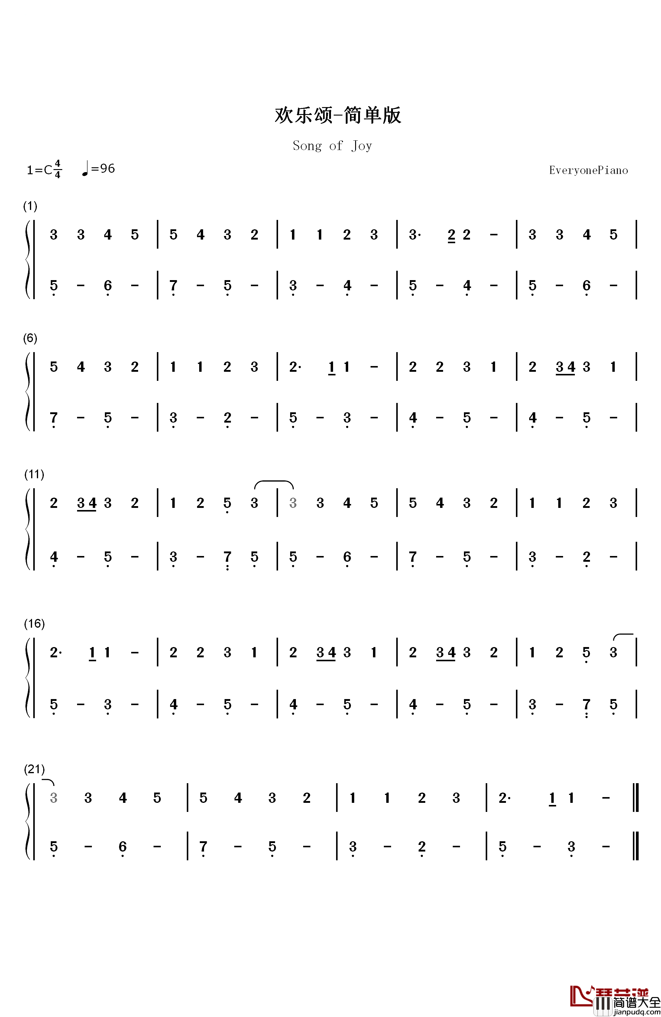 欢乐颂最简单版钢琴简谱_数字双手_贝多芬__Beethoven