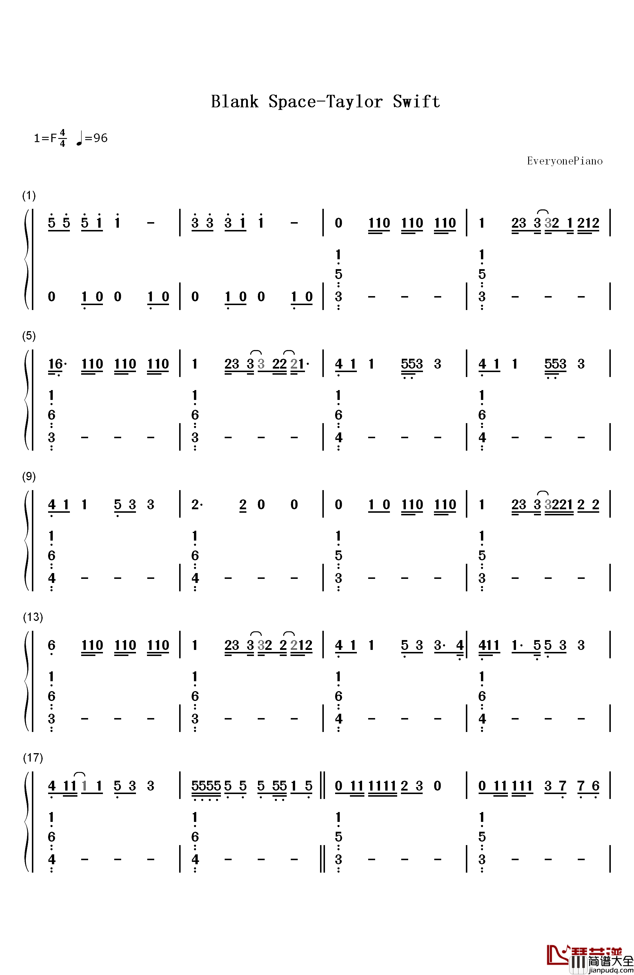 Blank_Space钢琴简谱_数字双手_Taylor_Swift