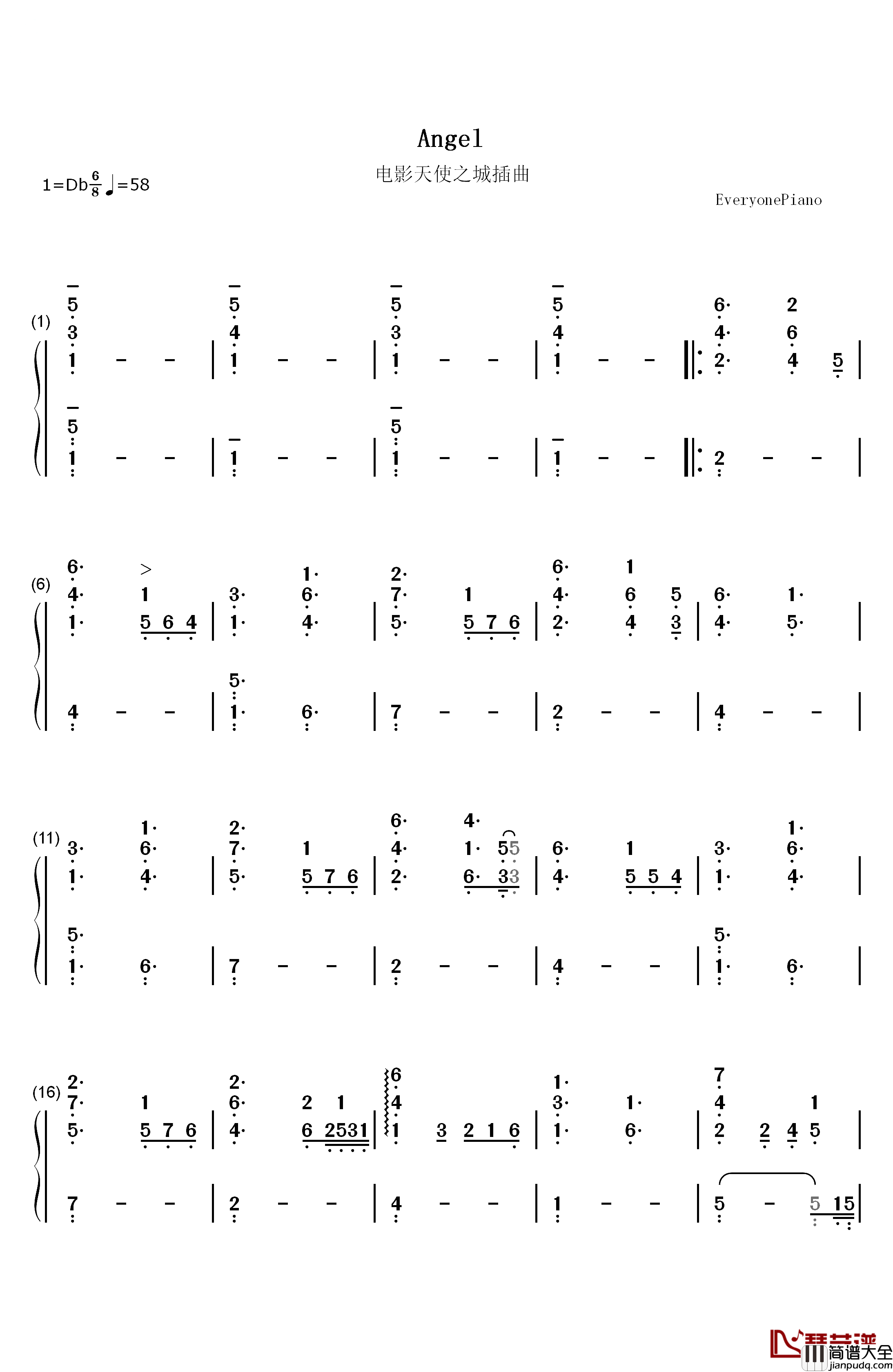 Angel钢琴简谱_数字双手_Sarah_McLachlan