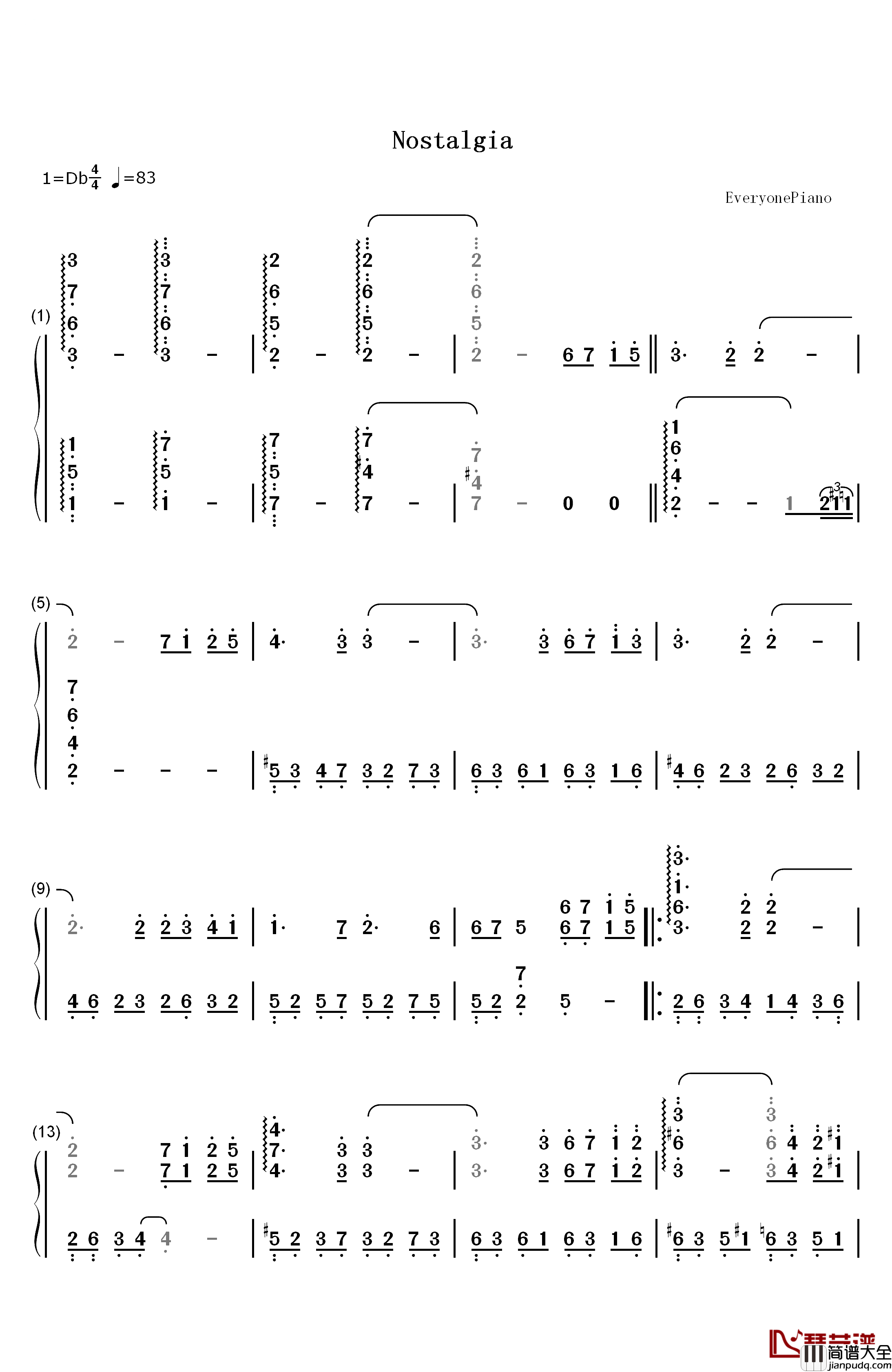 Nostalgia钢琴简谱_数字双手_久石让