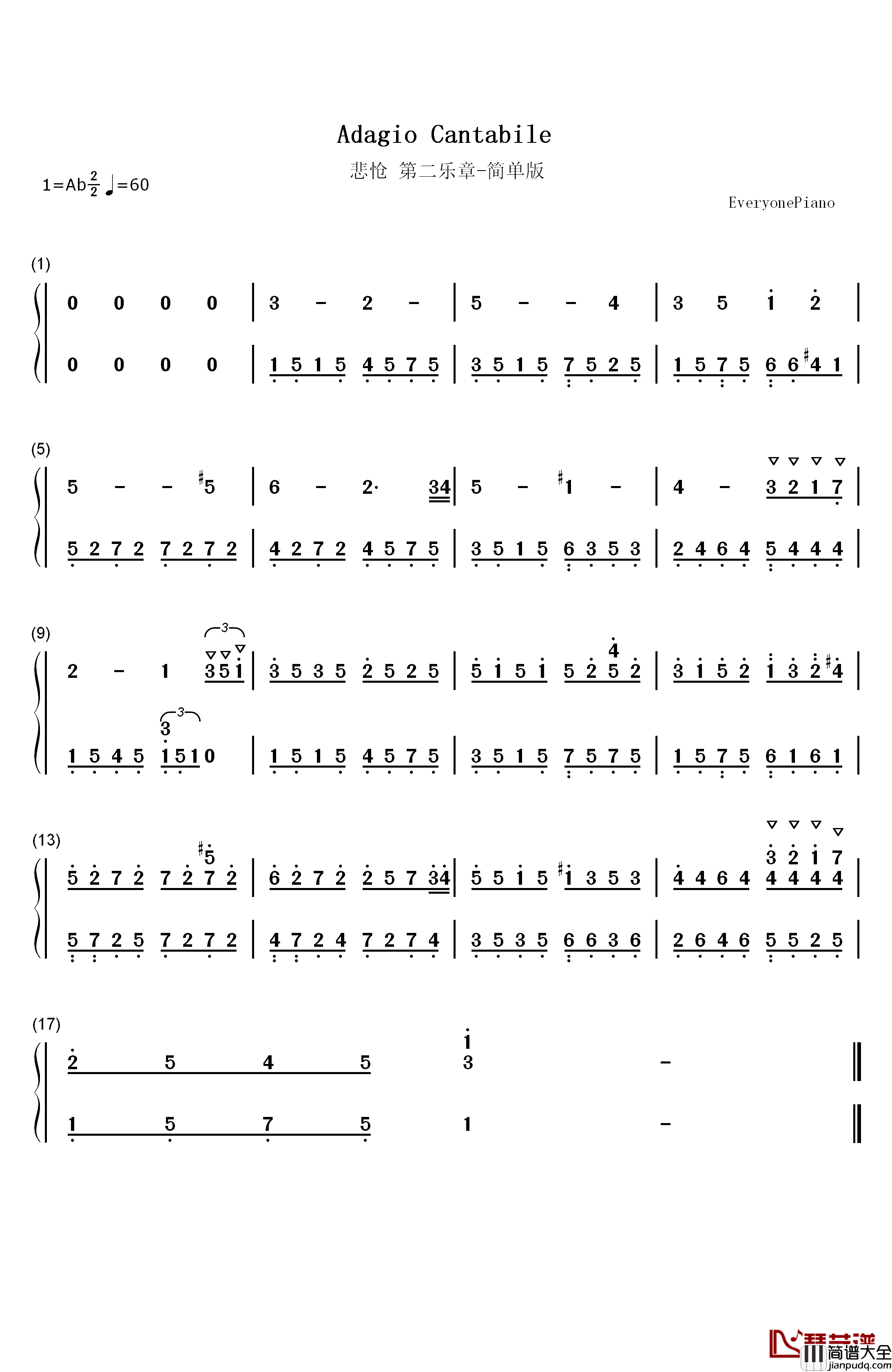 悲怆第二乐章钢琴简谱_数字双手_贝多芬