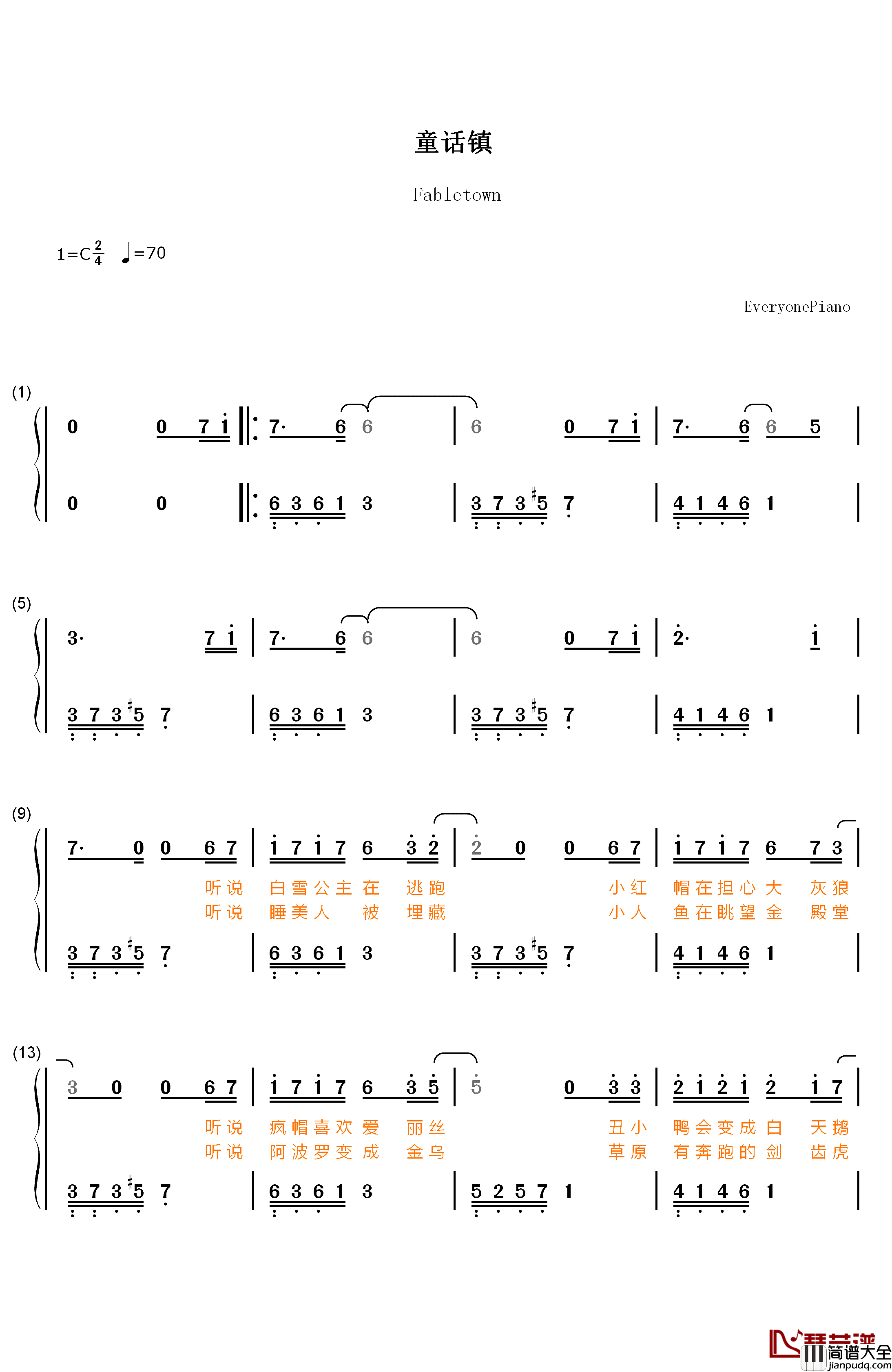 童话镇钢琴简谱_数字双手_陈一发儿