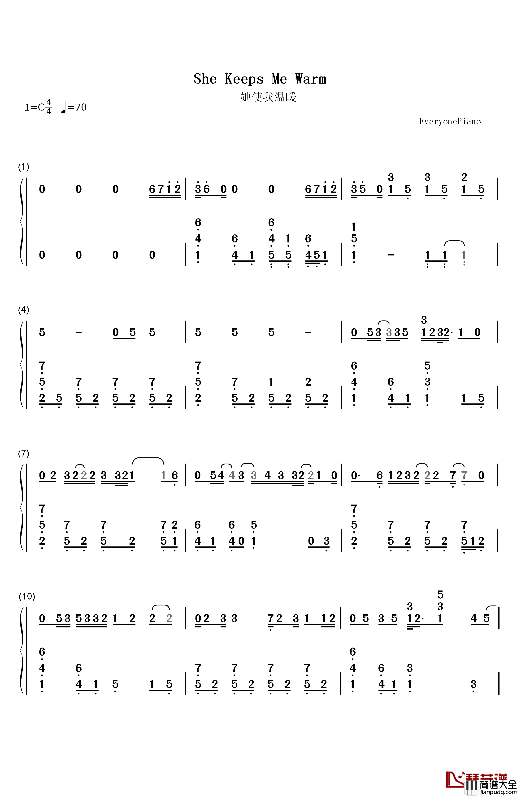 She_Keeps_Me_Warm钢琴简谱_数字双手_Mary_Lambert