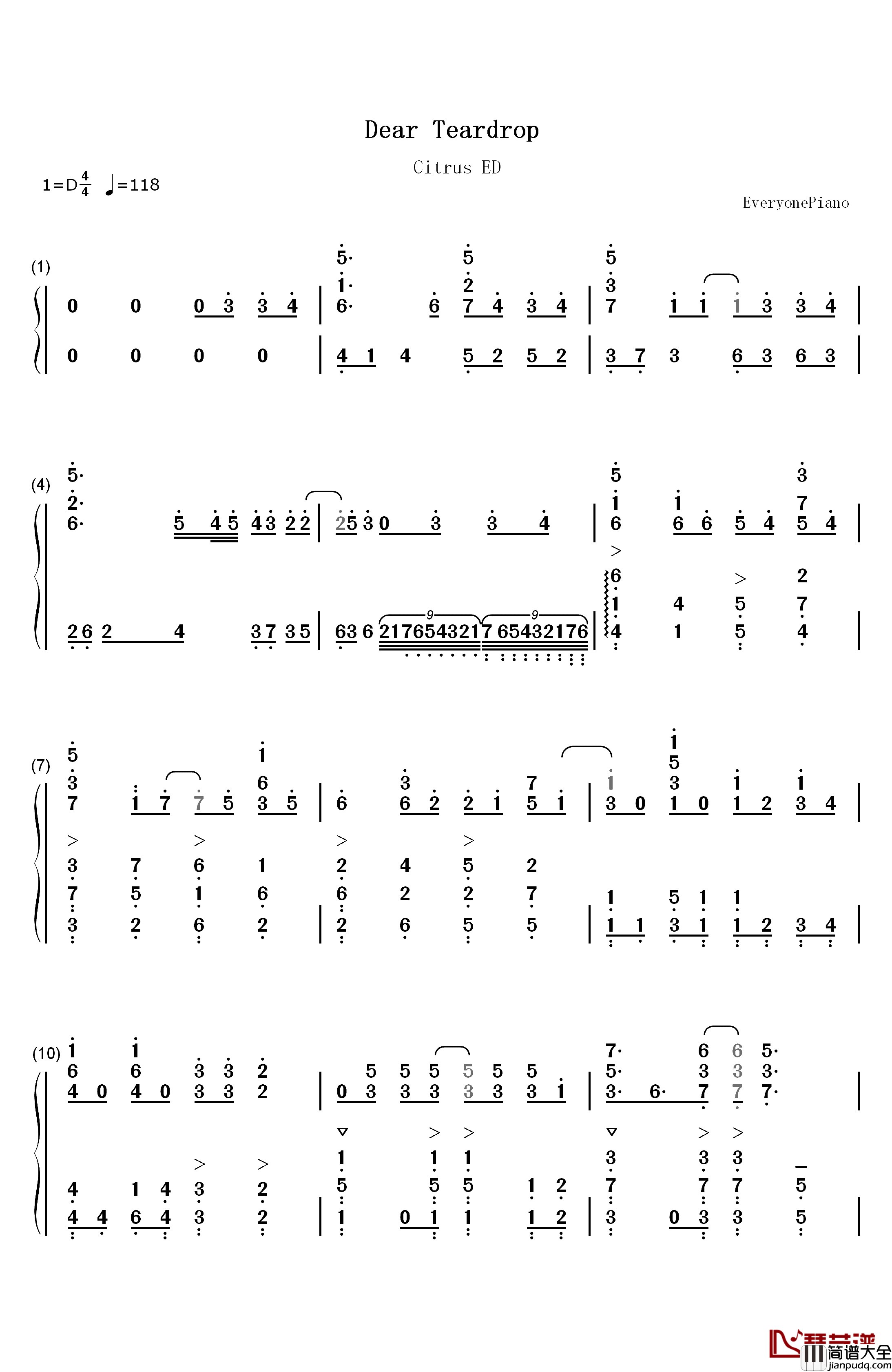 Dear_Teardrop钢琴简谱_数字双手_Mia_REGINA