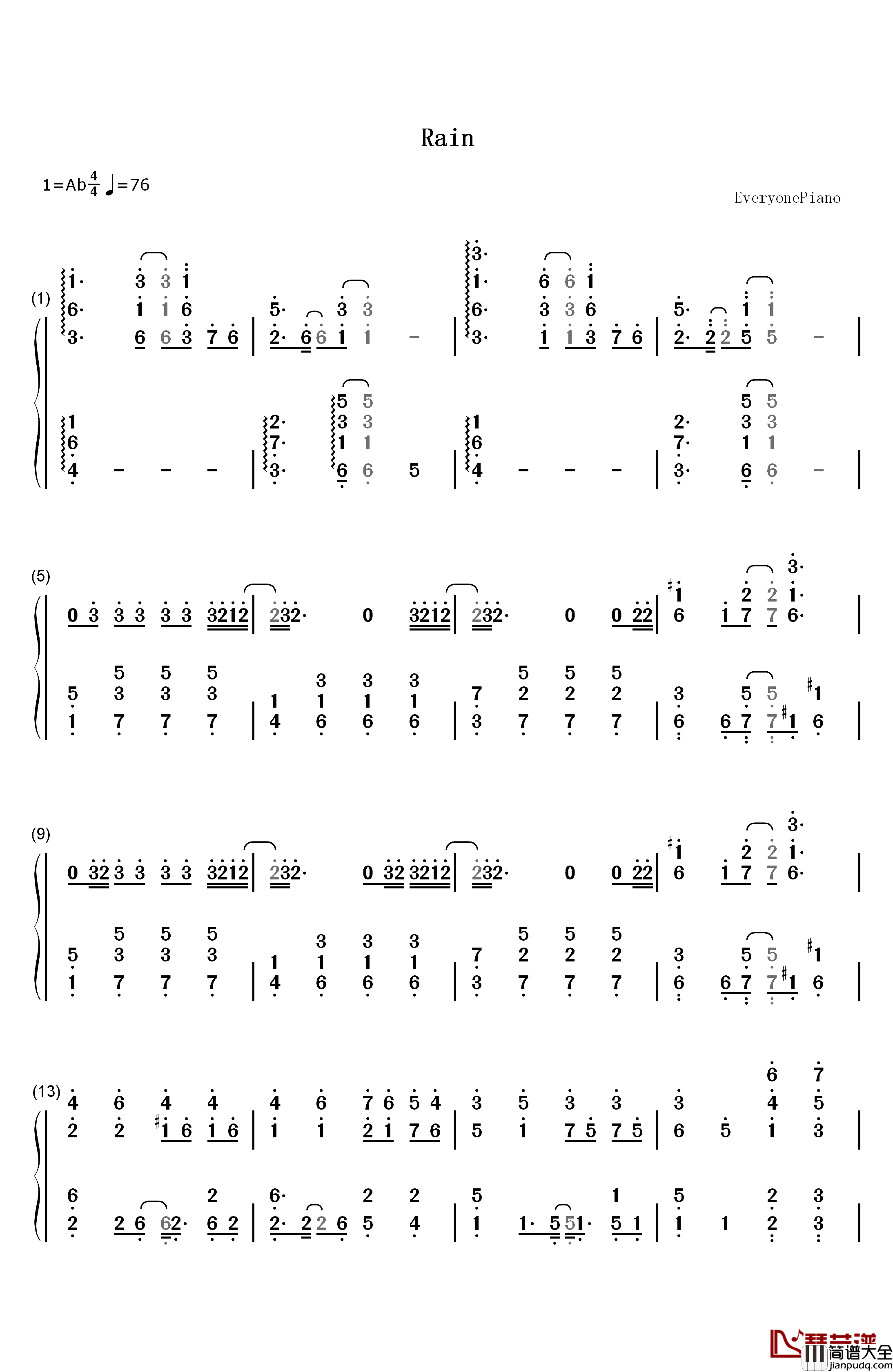 Rain钢琴简谱_数字双手_金泰妍