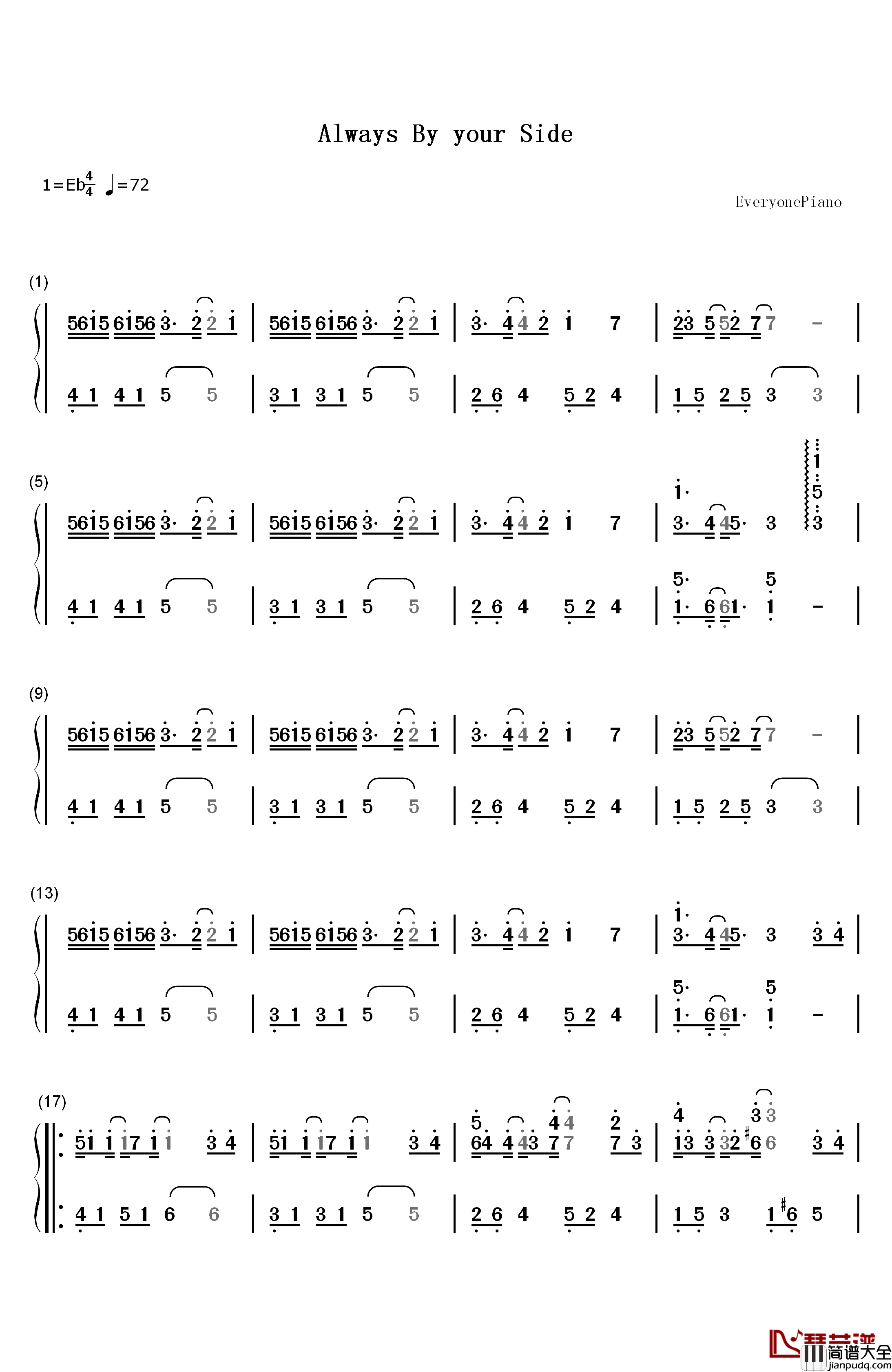 Always_By_your_Side钢琴简谱_数字双手_Crepe