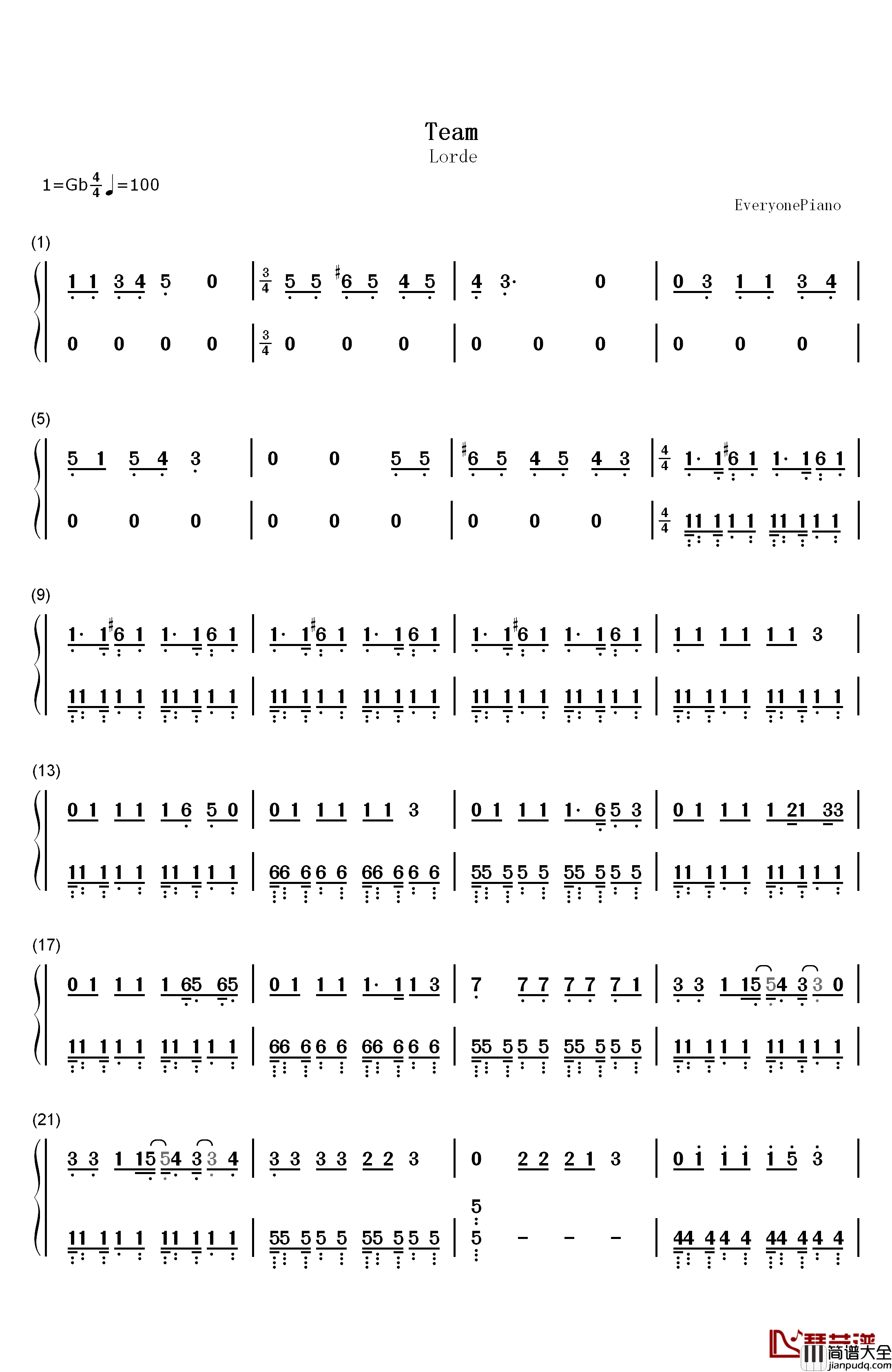 Team钢琴简谱_数字双手_Lorde