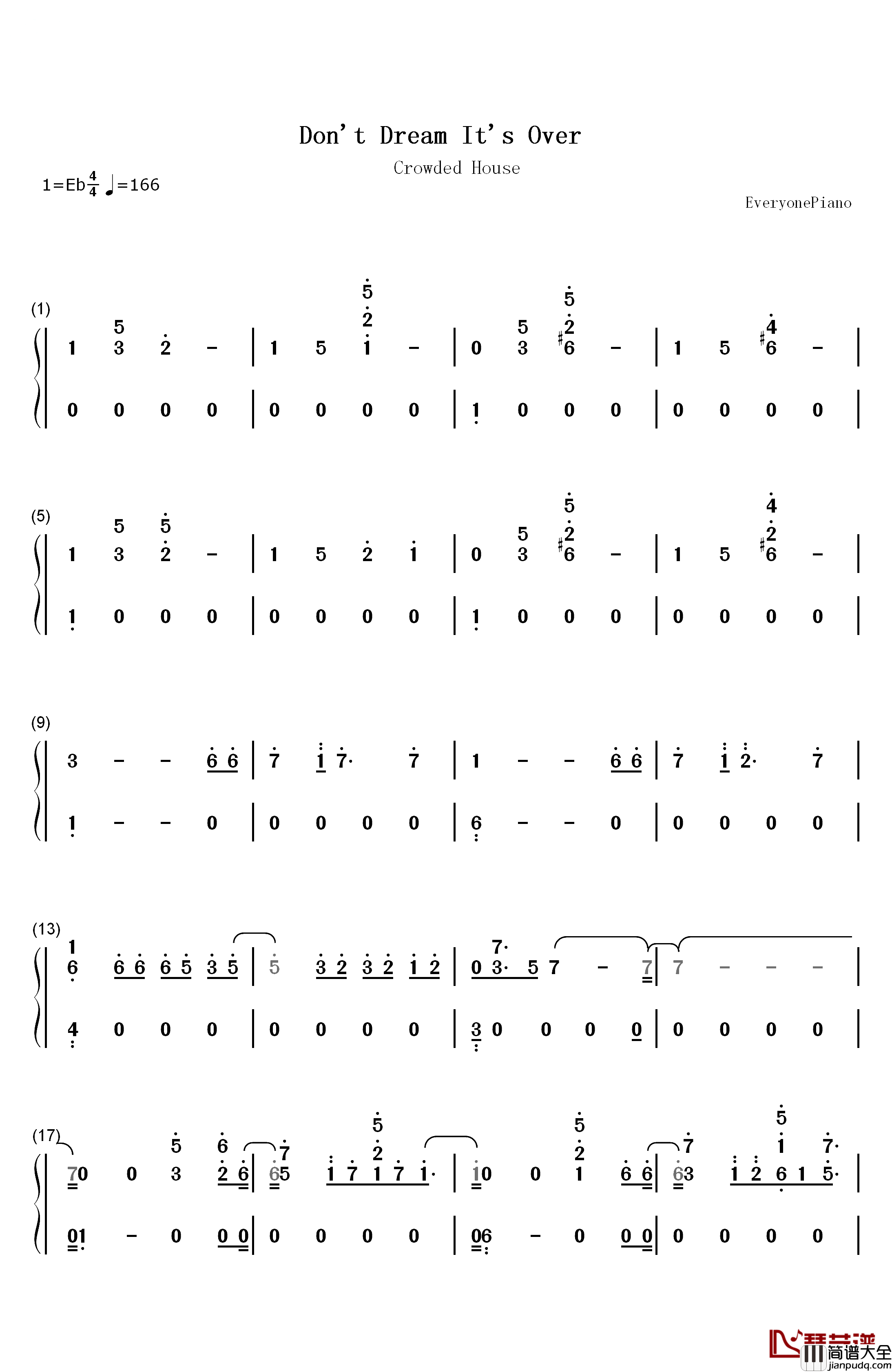 Don't_Dream_It's_Over钢琴简谱_数字双手_Crowded_House