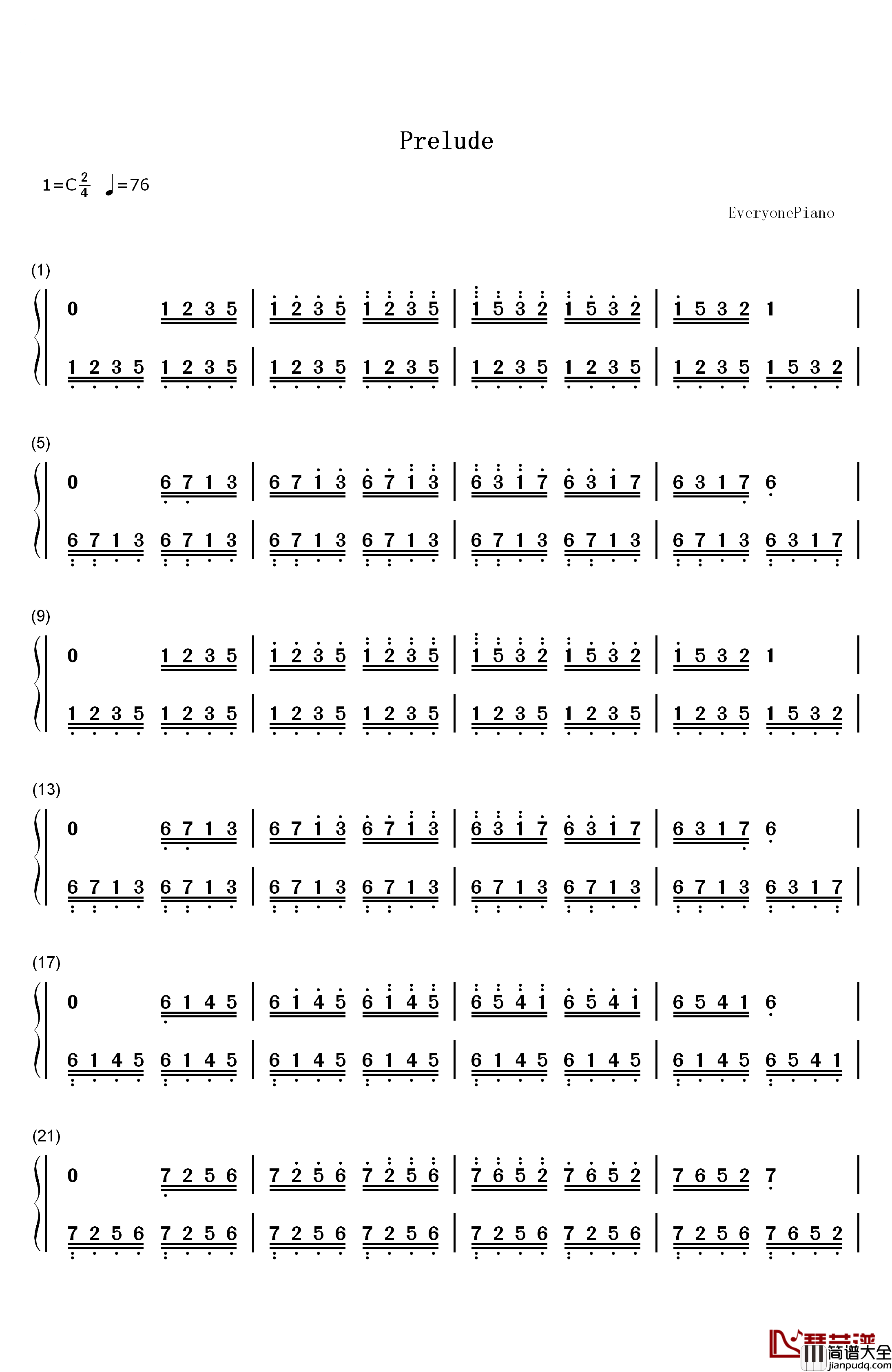 Prelude钢琴简谱_数字双手_植松伸夫