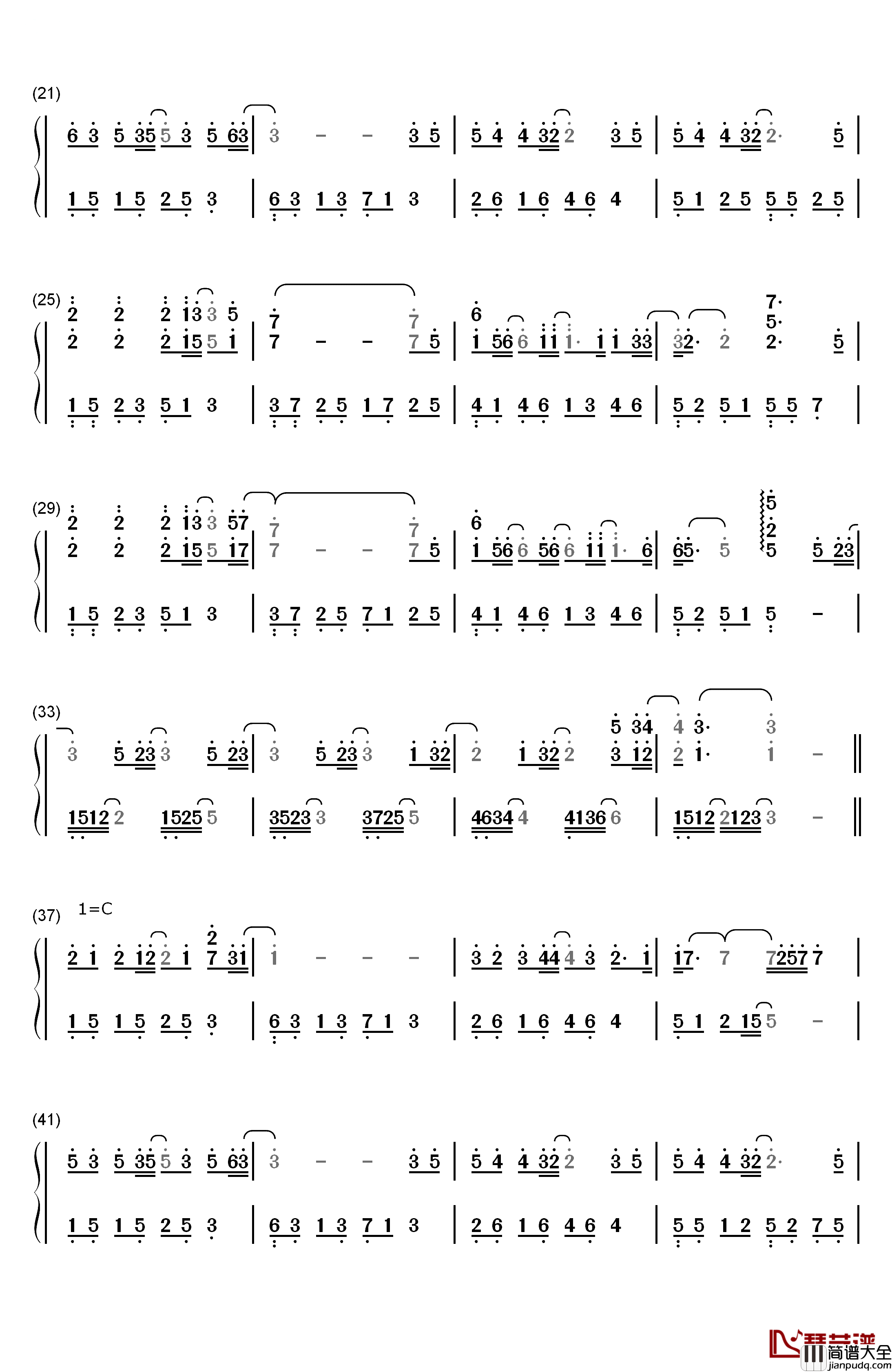 岁月钢琴简谱_数字双手_王菲_那英