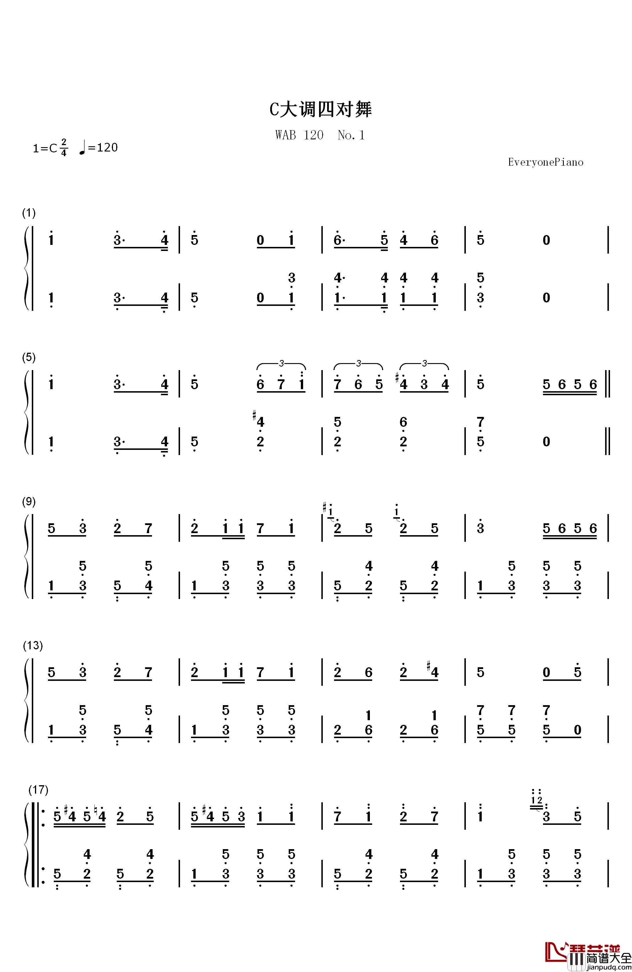 C大调四对舞钢琴简谱_数字双手_布鲁克纳